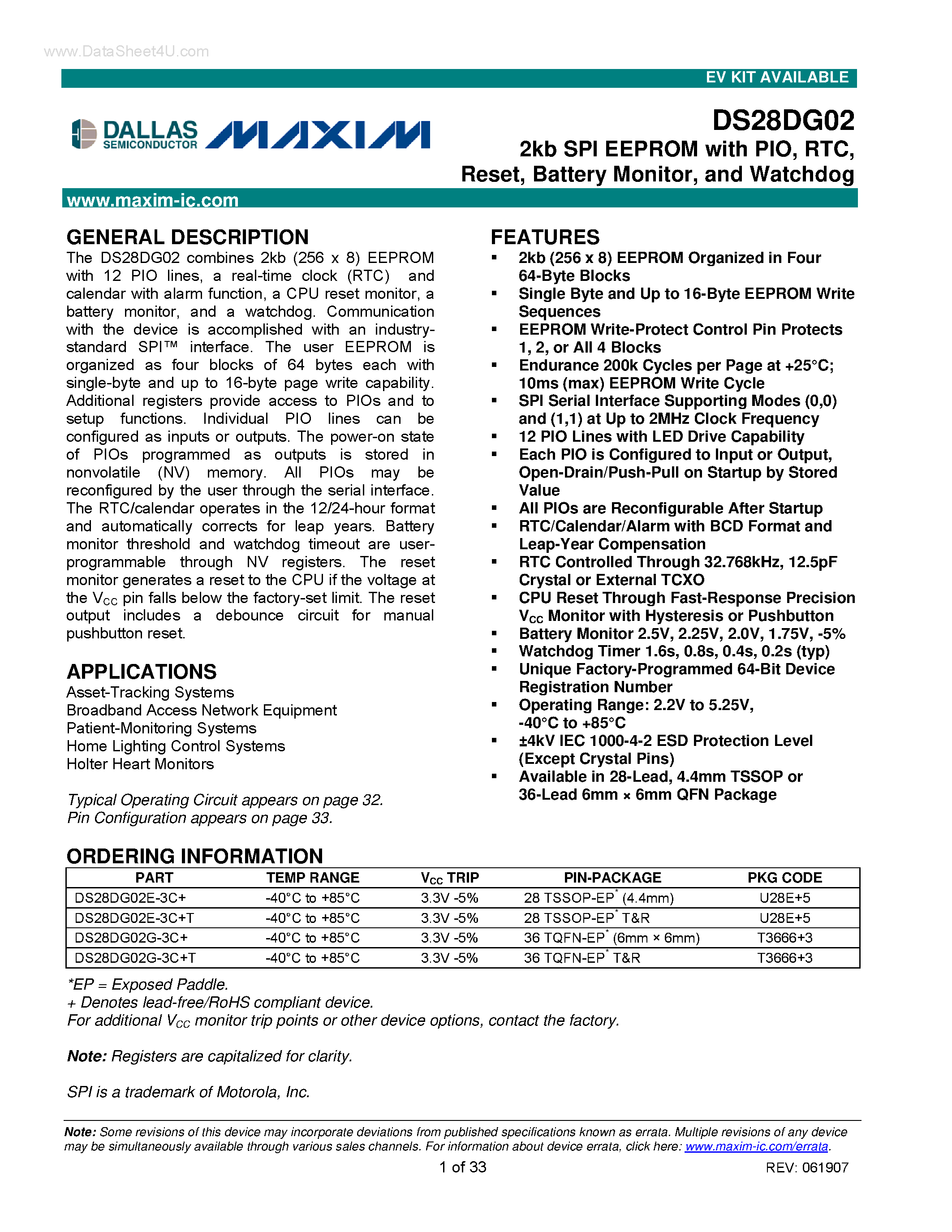 Datasheet DS28DG02 page 1 Datasheet DS28DG02 - 2kb SPI EEPROM page 1