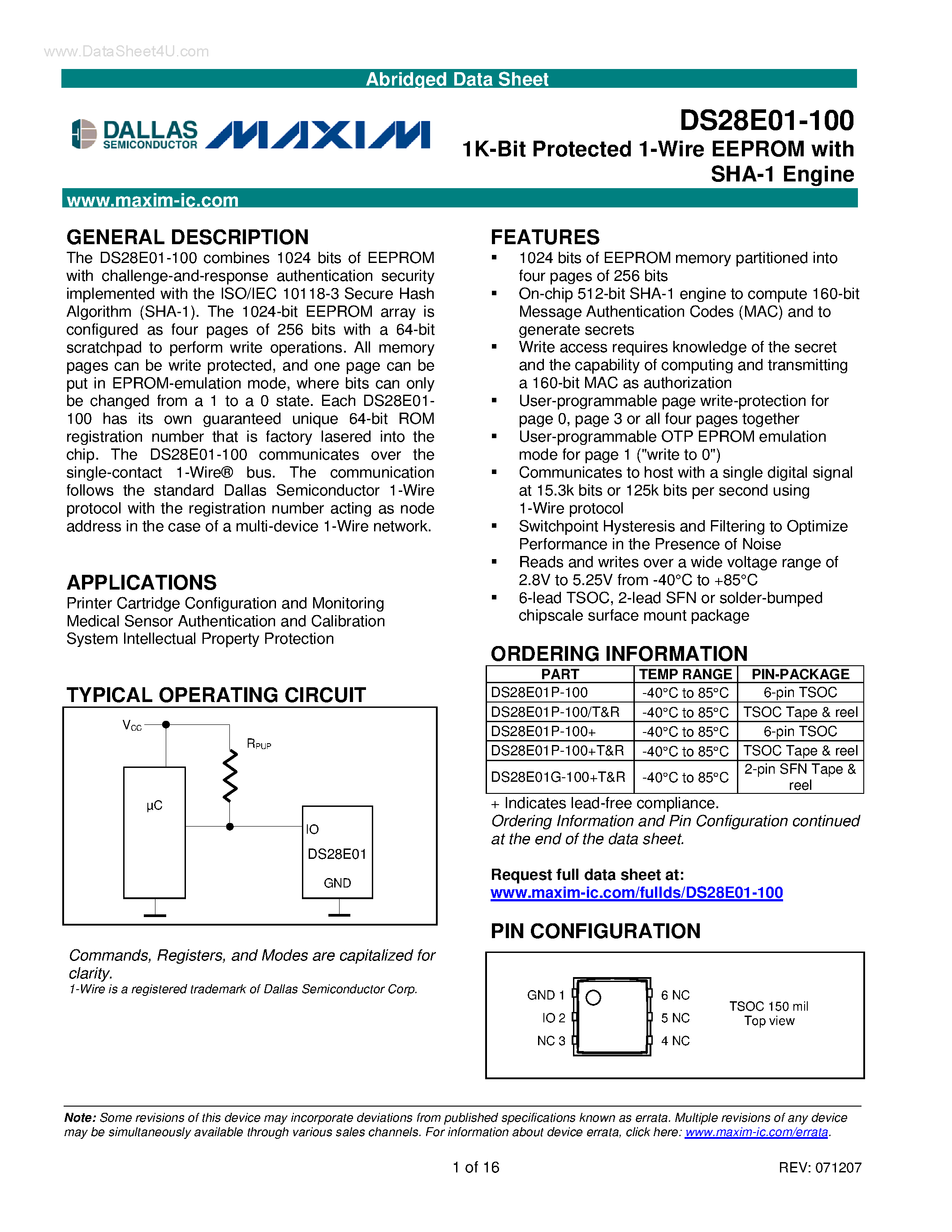 Даташит DS28E01-100 - 1K-Bit Protected 1-Wire EEPROM страница 1