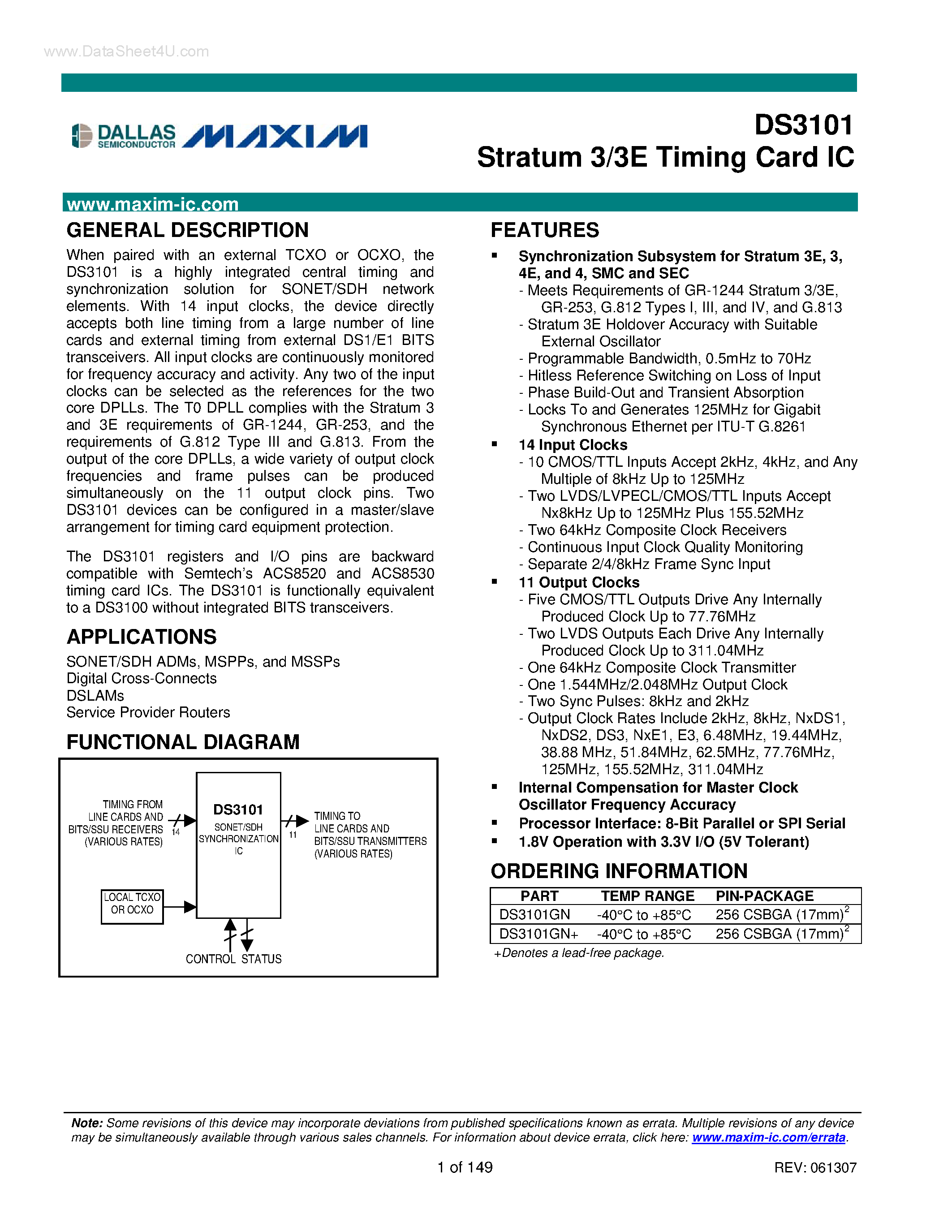 Datasheet DS3101 - Stratum 3/3E Timing Card IC page 1