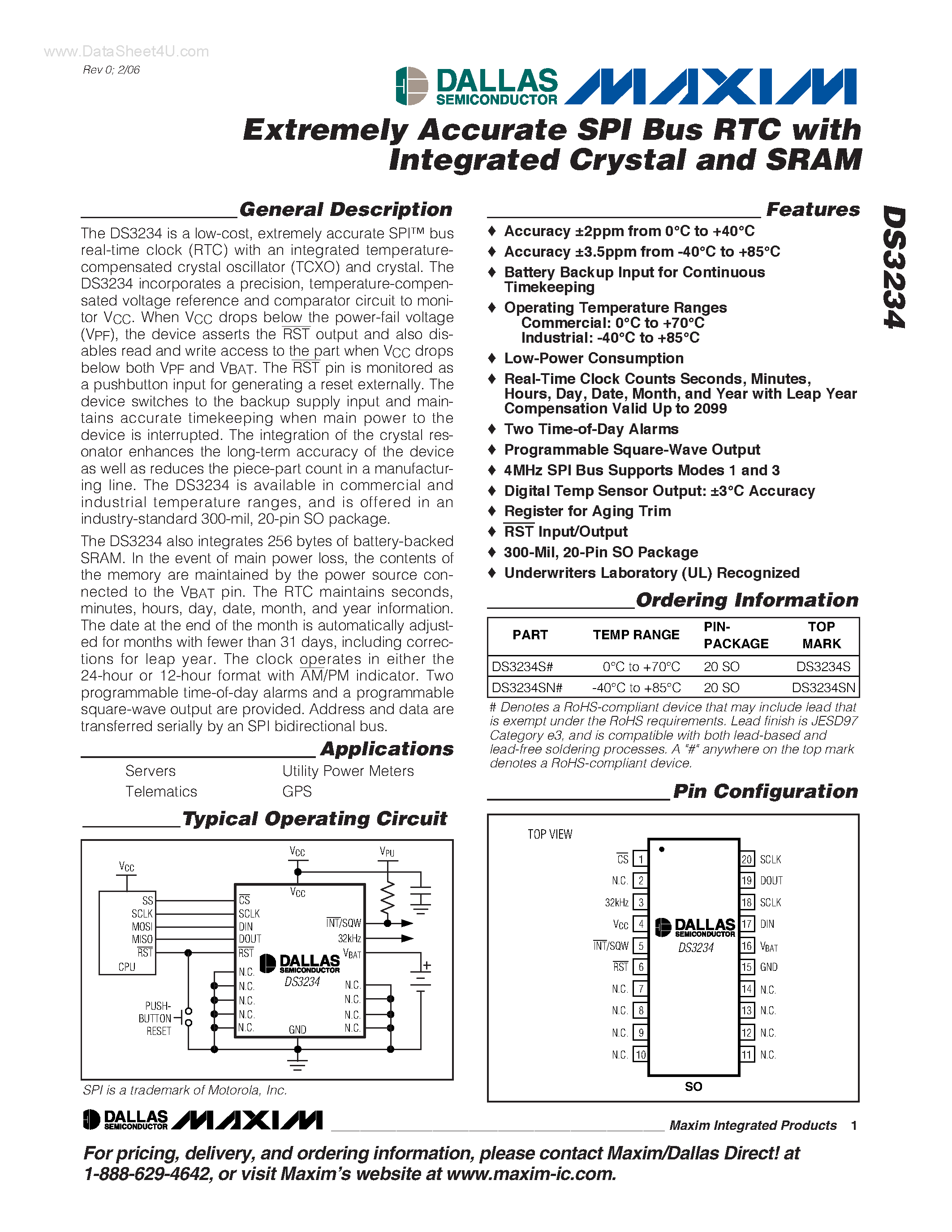 Datasheet DS3234 - Extremely Accurate SPI Bus RTC page 1