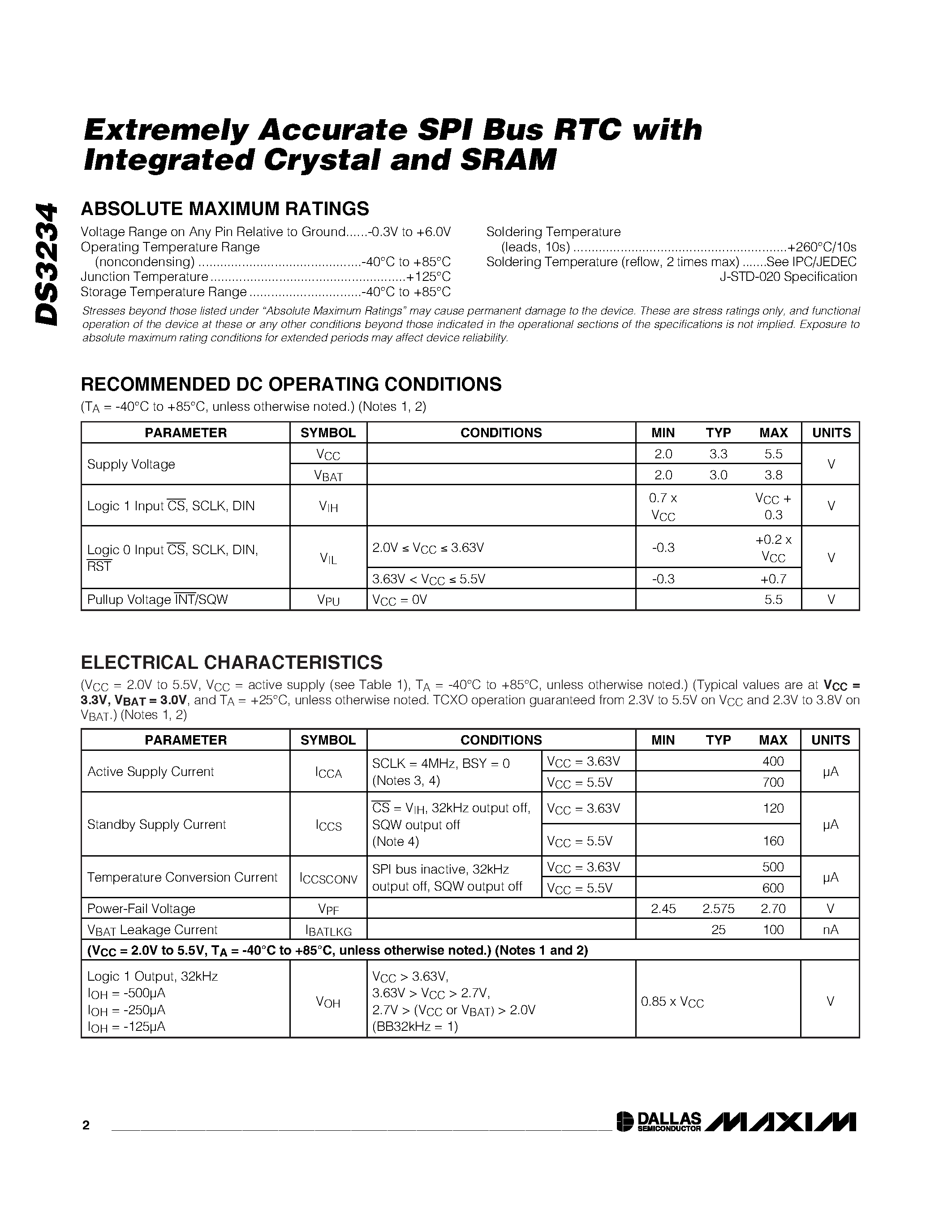 Datasheet DS3234 - Extremely Accurate SPI Bus RTC page 2