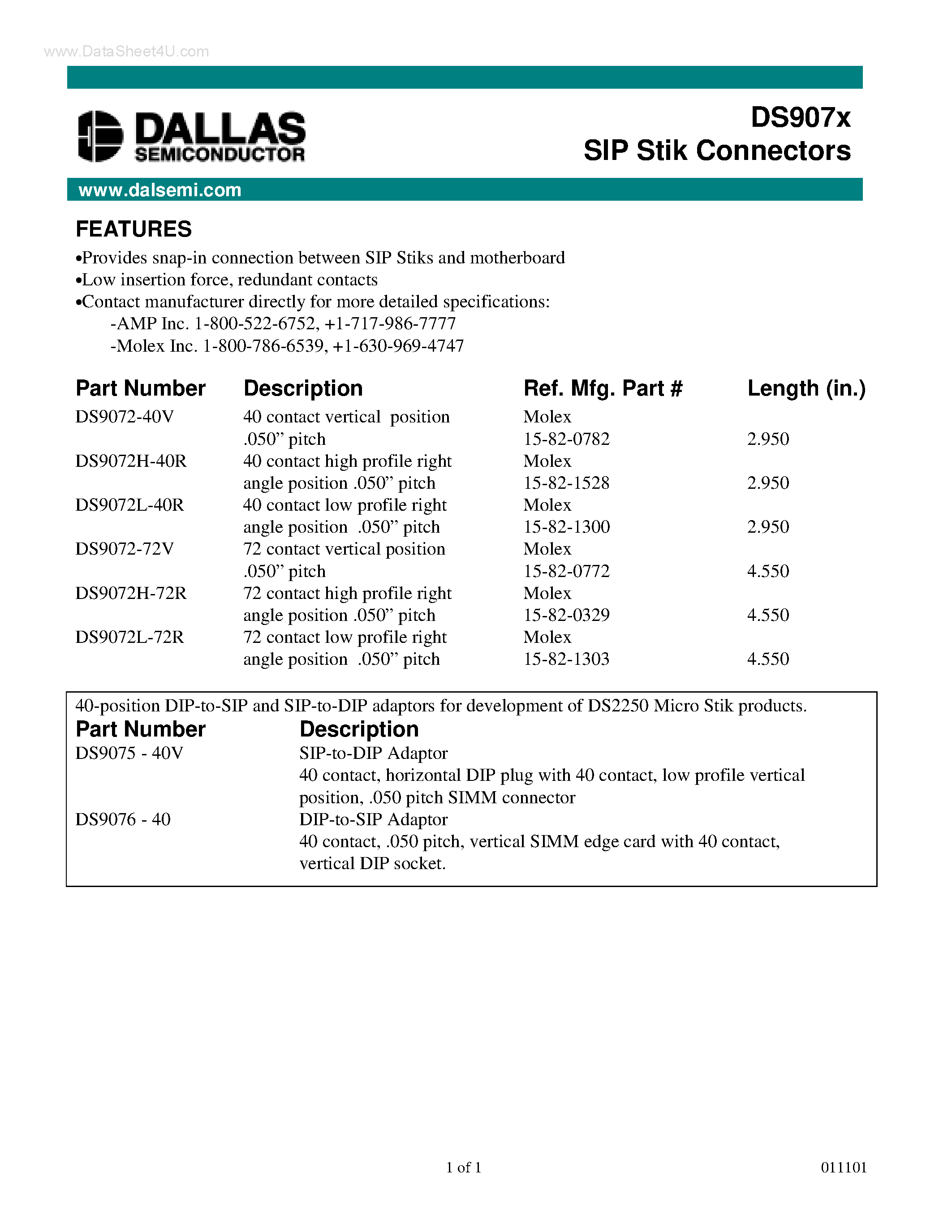 Datasheet DS9072 - SIP Stik Connectors page 1