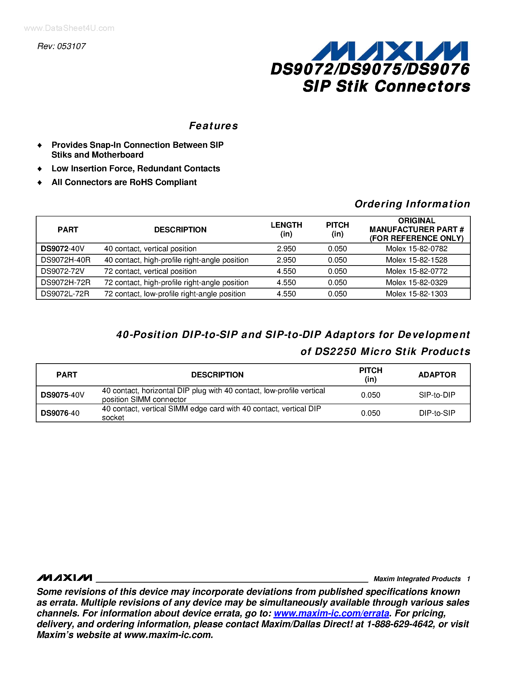 Datasheet DS9072 page 1 Datasheet DS9072 - (DS9072 - DS9076) SIP Stik Connectors page 1