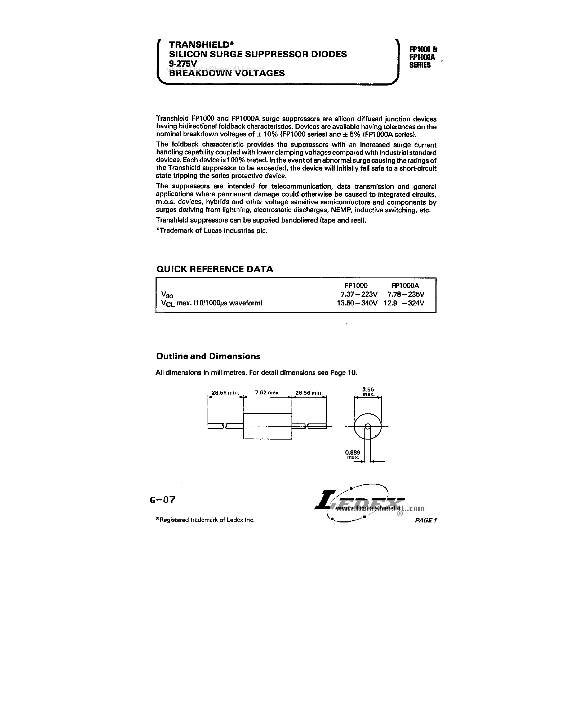 Даташит FP1000 - (FP1000 Series) SILICON SURGE SUPPRESSOR DIODES страница 1