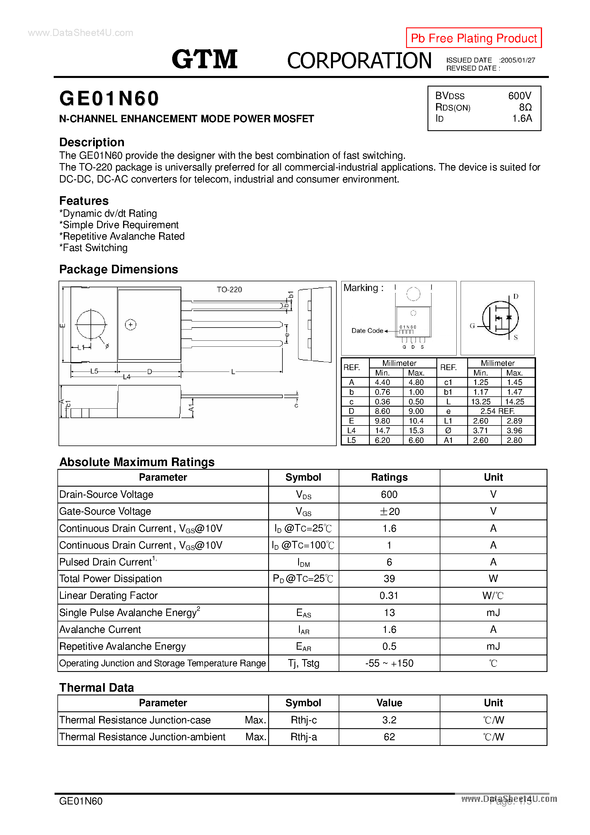 Datasheet GE01N60 - N-CHANNEL ENHANCEMENT MODE POWER MOSFET page 1