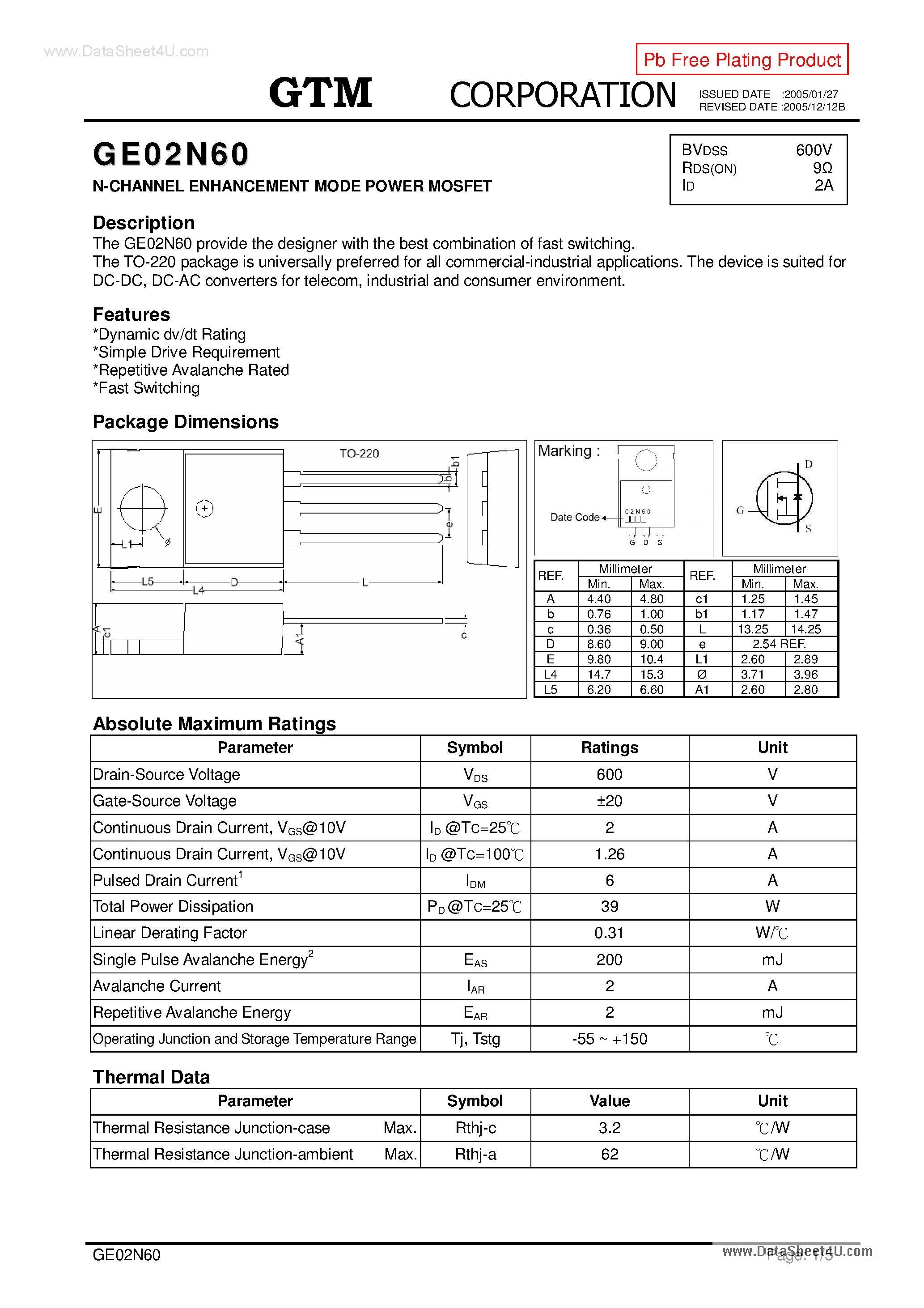 Datasheet GE02N60 page 1 Datasheet GE02N60 - N-CHANNEL ENHANCEMENT MODE POWER MOSFET page 1