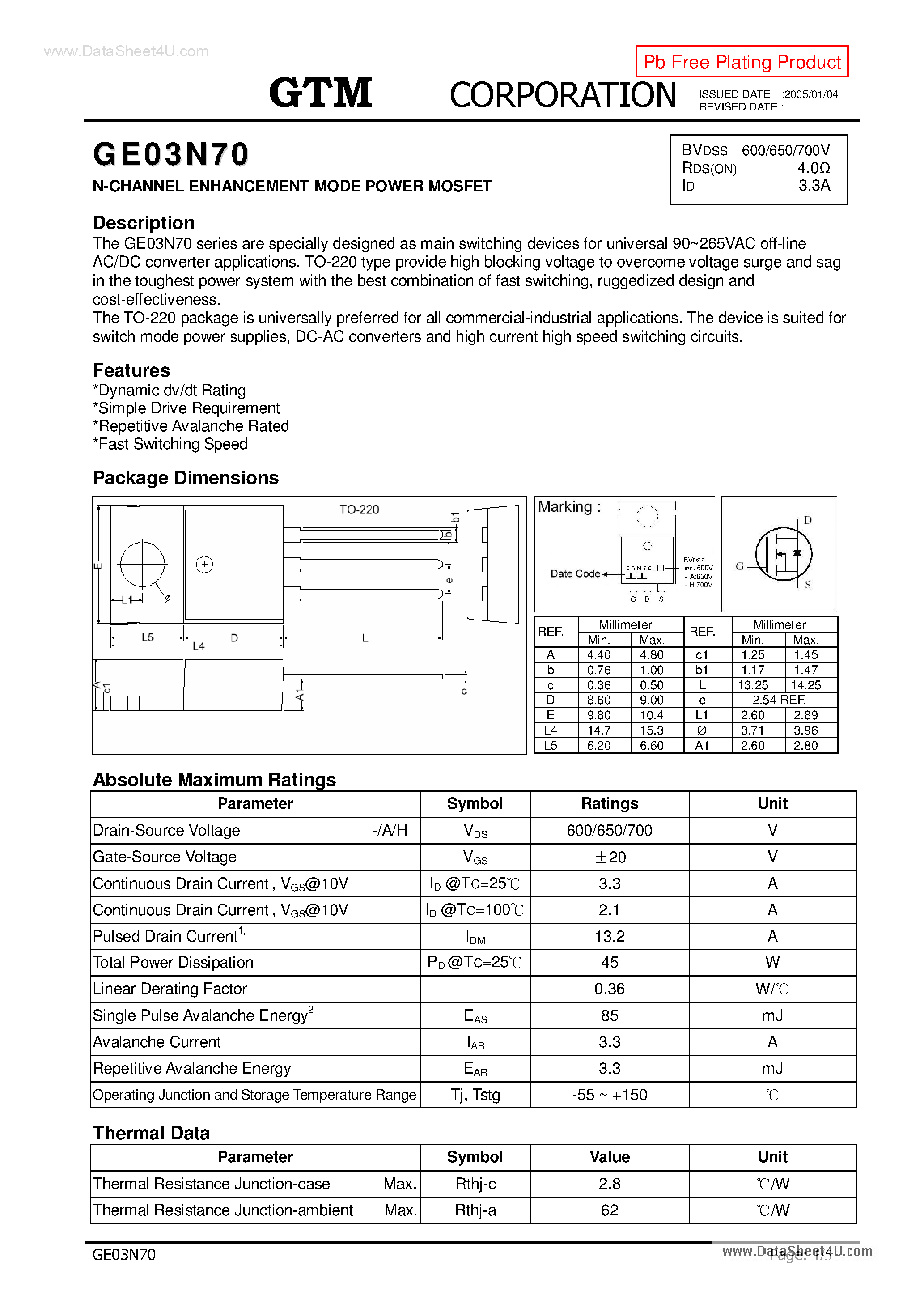 Datasheet GE03N70 page 1 Datasheet GE03N70 - N-CHANNEL ENHANCEMENT MODE POWER MOSFET page 1