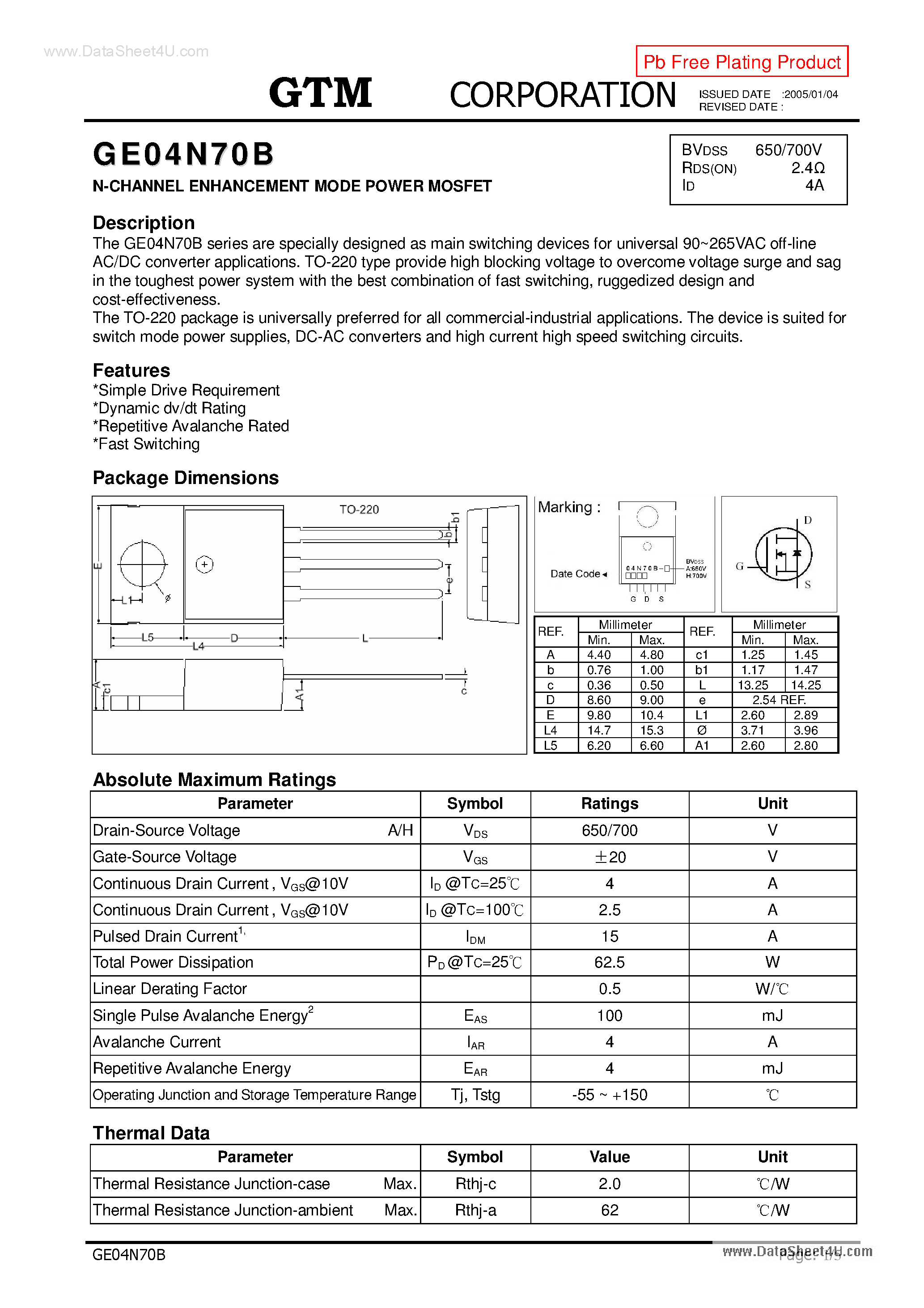 Datasheet GE04N70B page 1 Datasheet GE04N70B - N-CHANNEL ENHANCEMENT MODE POWER MOSFET page 1
