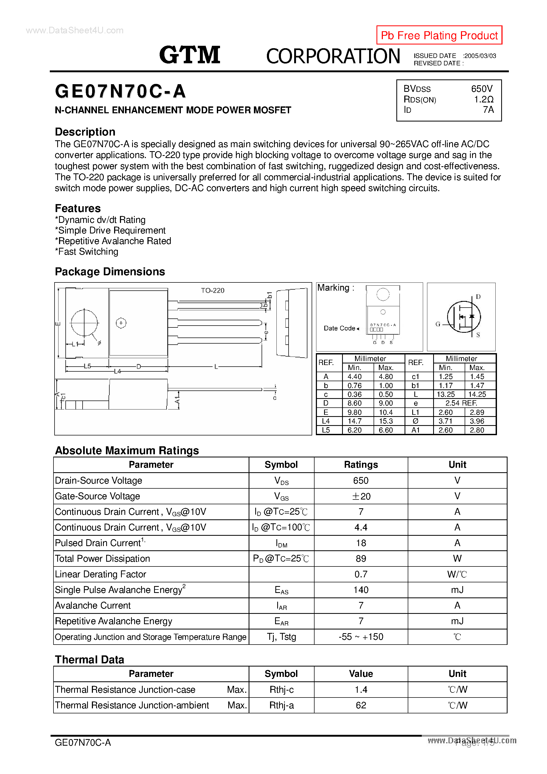Datasheet GE07N70C-A - N-CHANNEL ENHANCEMENT MODE POWER MOSFET page 1