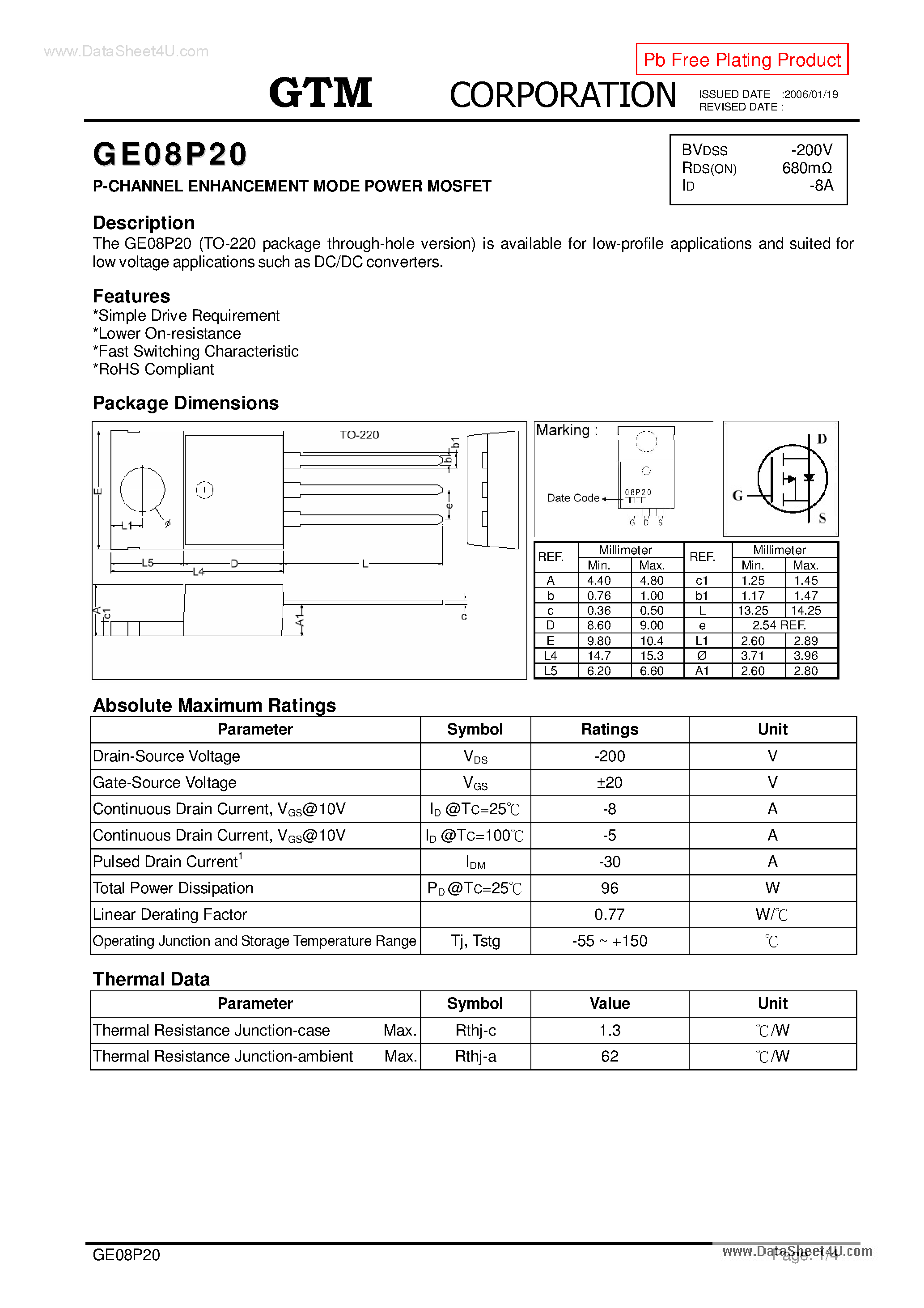 Datasheet GE08P20 - P-CHANNEL ENHANCEMENT MODE POWER MOSFET page 1