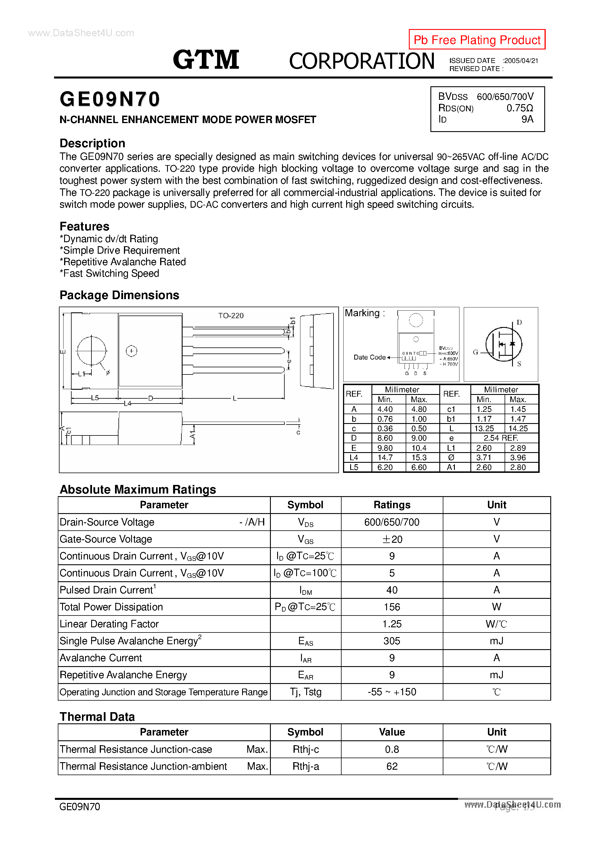 Datasheet GE09N70 page 1 Datasheet GE09N70 - N-CHANNEL ENHANCEMENT MODE POWER MOSFET page 1