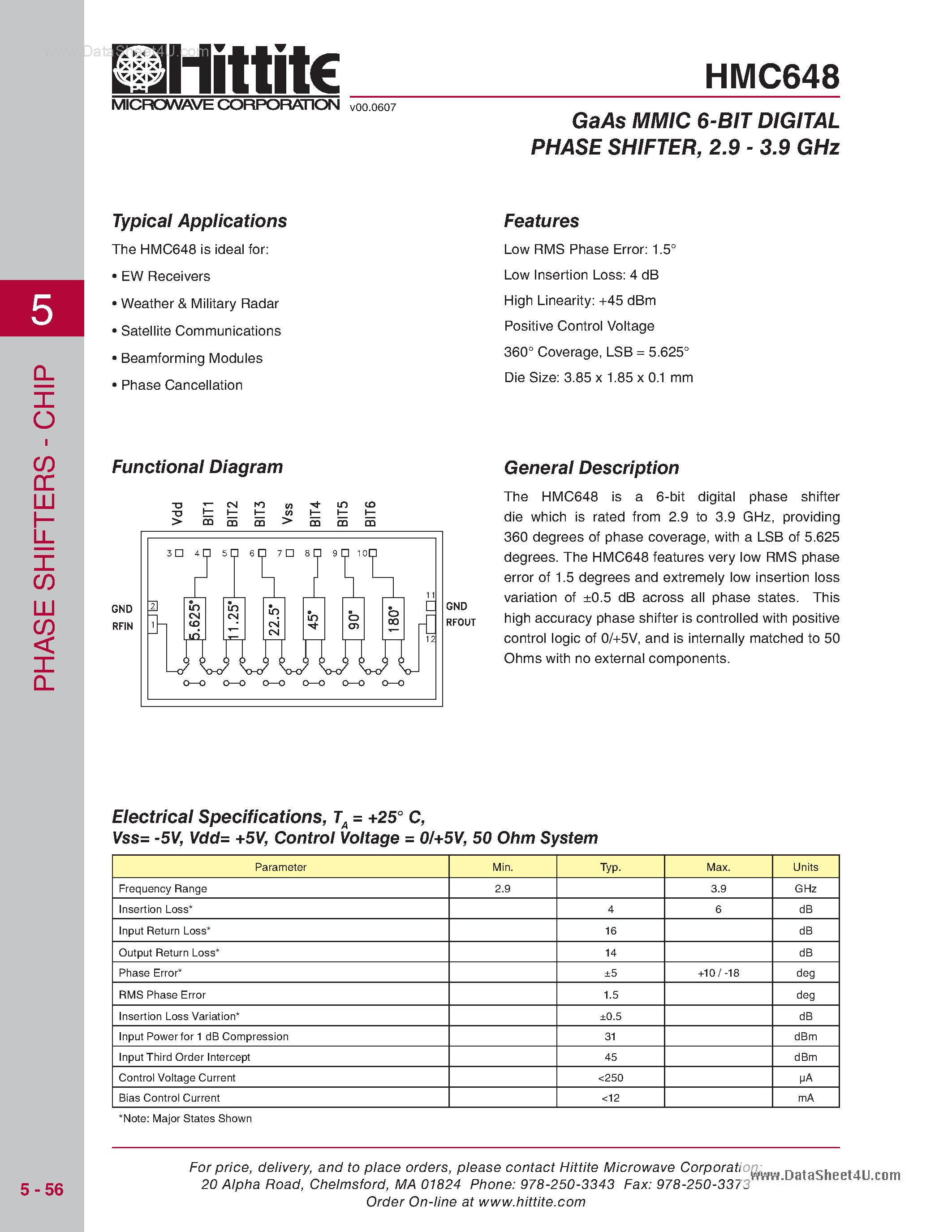 Datasheet HMC648 page 1 Datasheet HMC648 - GaAs MMIC 6-BIT DIGITAL PHASE SHIFTER page 1
