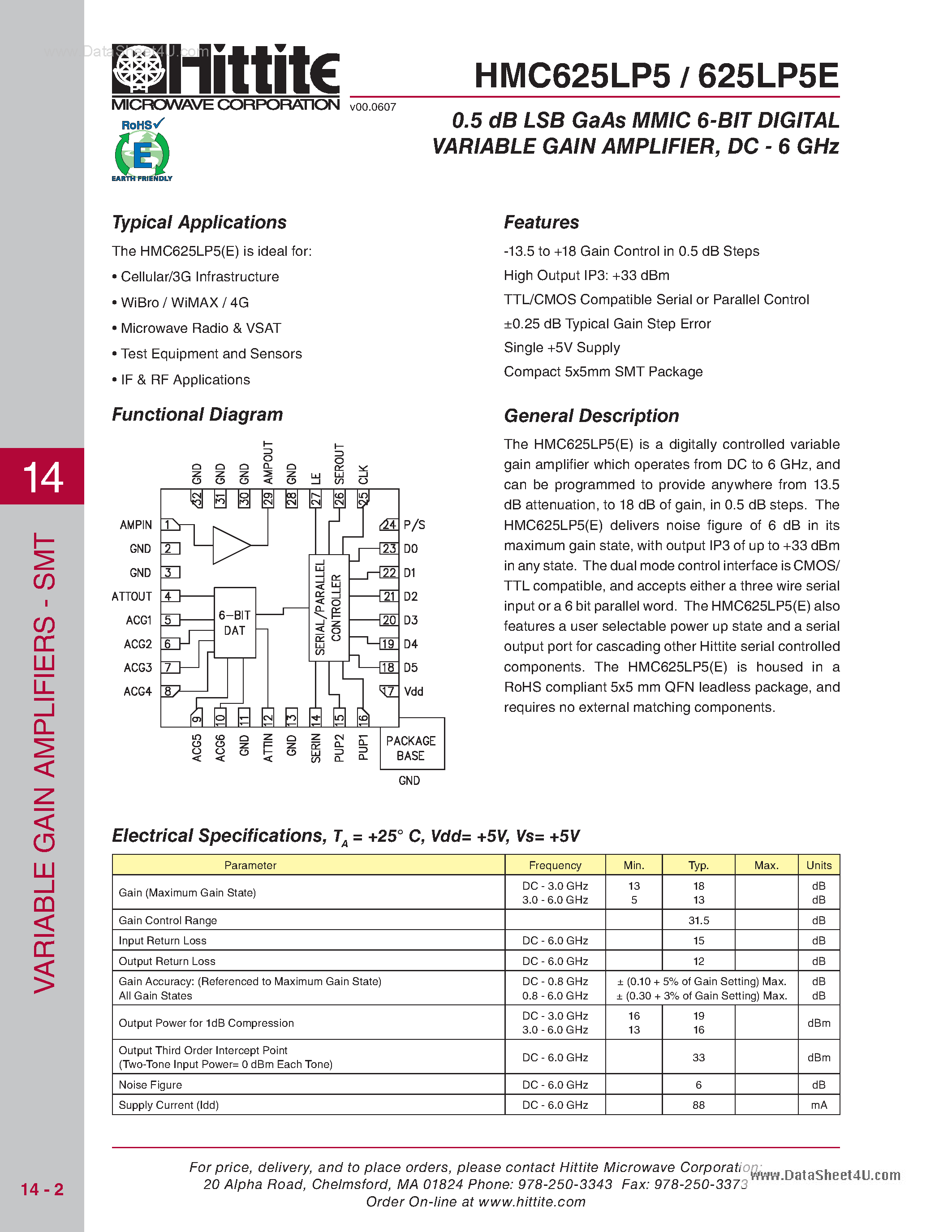 Datasheet HMC625LP5 page 1 Datasheet HMC625LP5 - GaAs MMIC 5-BIT DIGITAL PHASE SHIFTER page 1