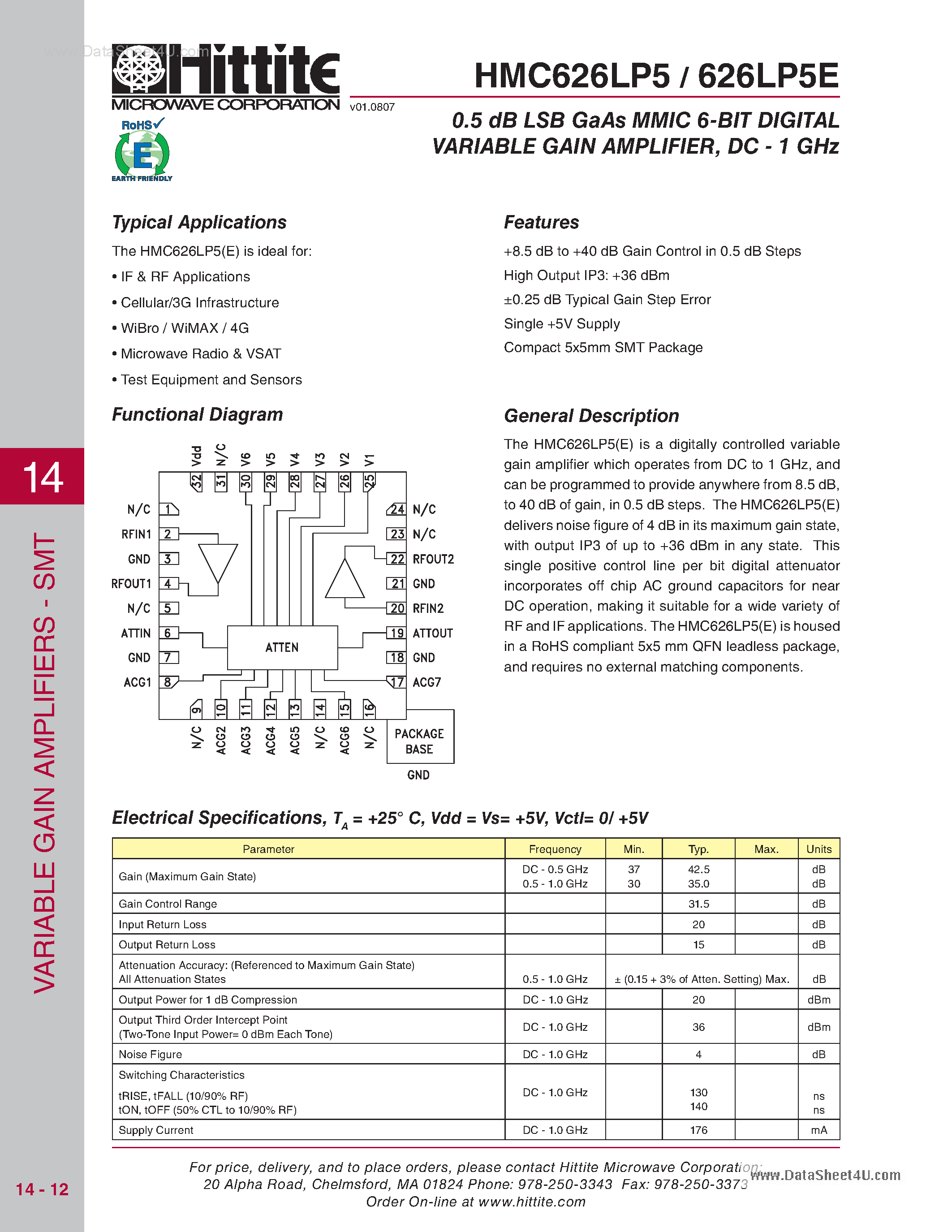 Datasheet HMC626LP5 - LSB GaAs MMIC 6-BIT DIGITAL VARIABLE GAIN AMPLIFIER page 1