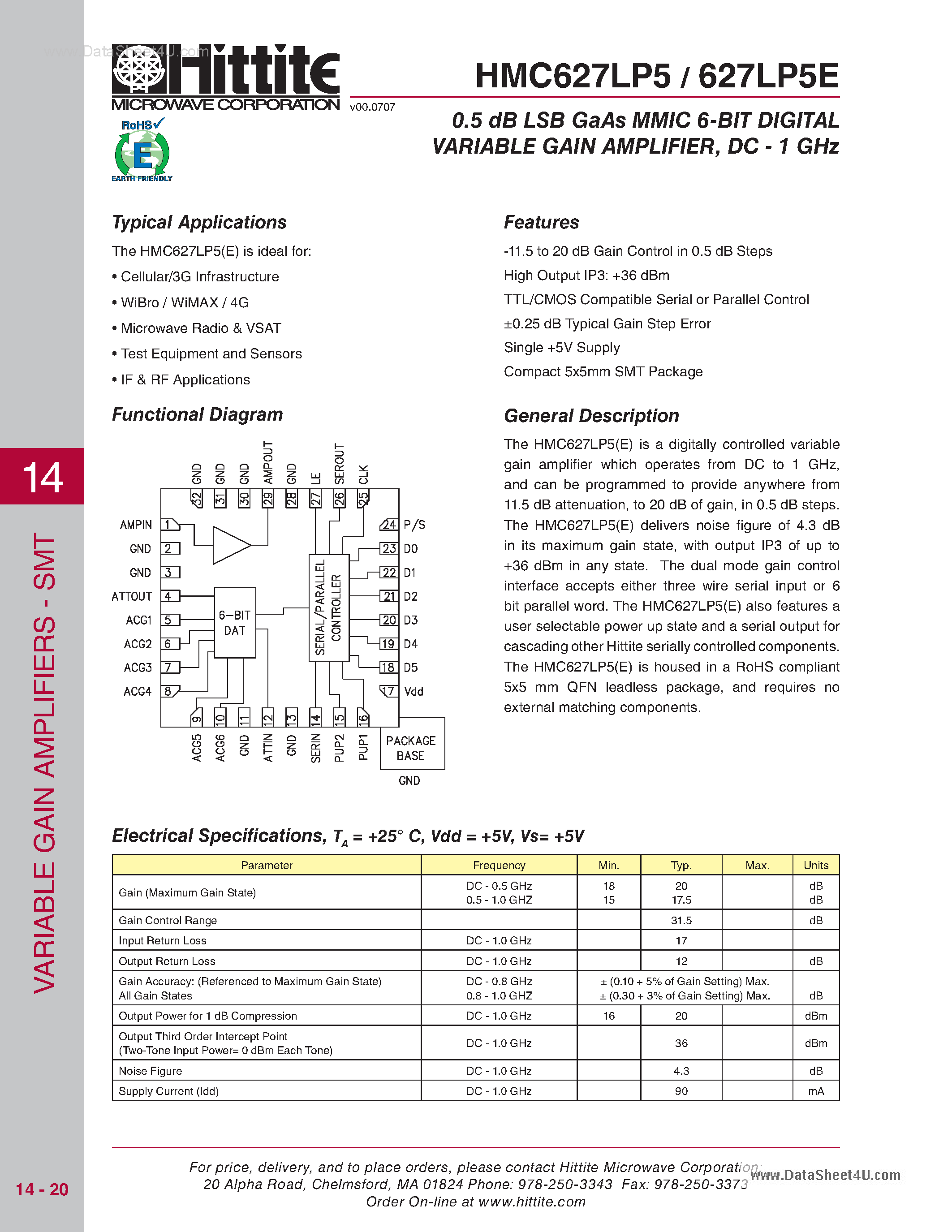Datasheet HMC627LP5 - LSB GaAs MMIC 6-BIT DIGITAL VARIABLE GAIN AMPLIFIER page 1