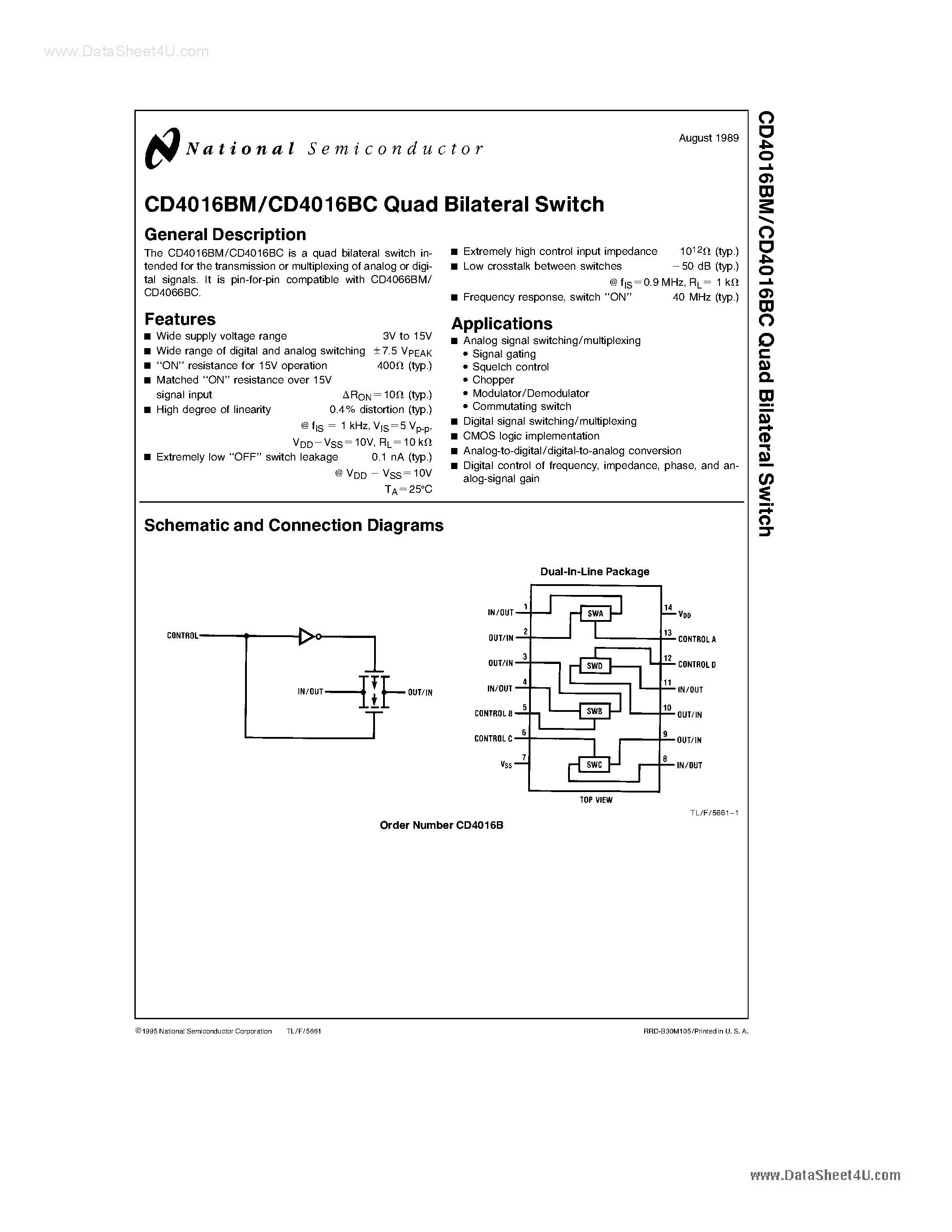 Даташит на микросхему 4016BM страница 1 Даташит 4016BM - Quad Bilateral Switch страница 1