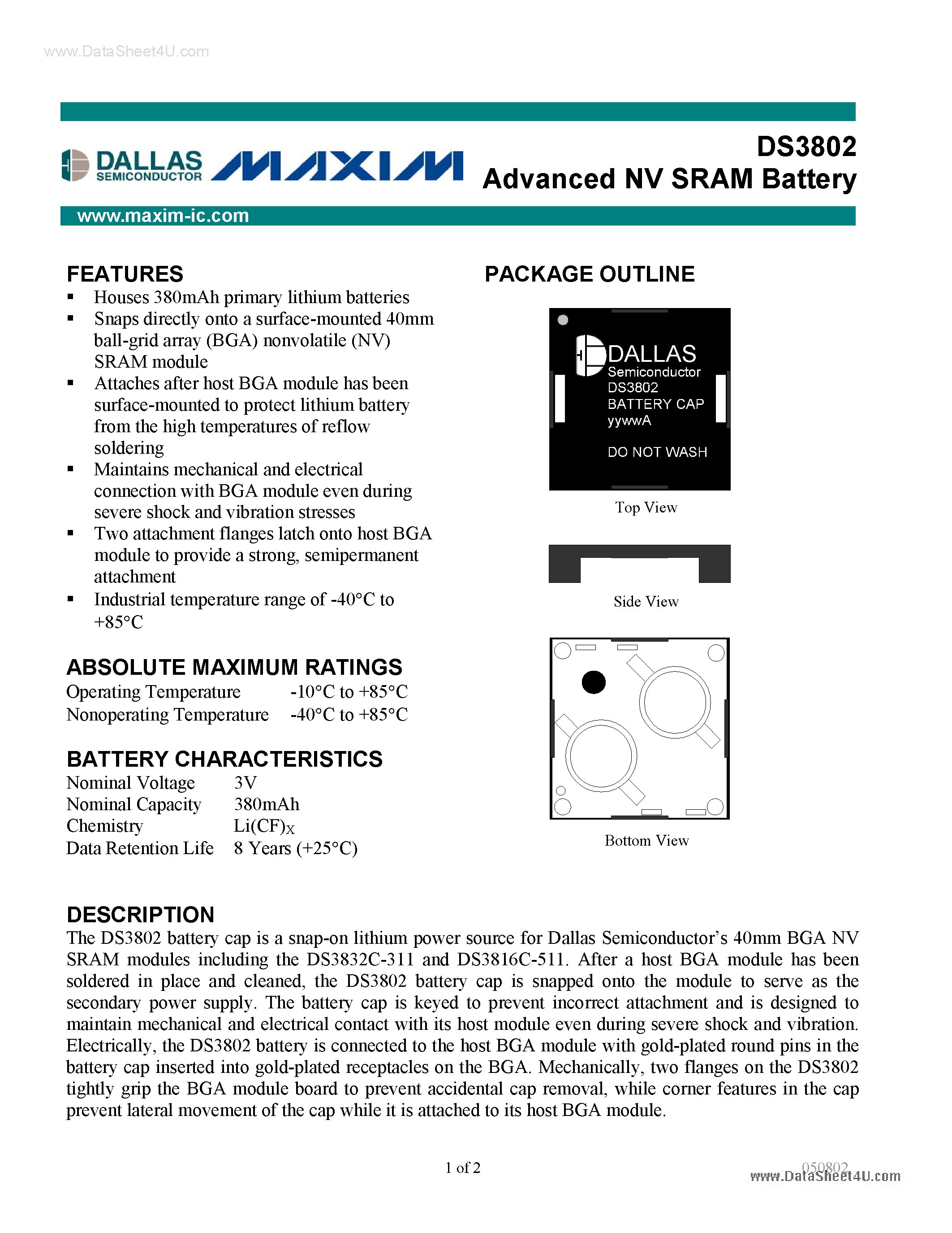 Datasheet DS3802 - Advanced NV SRAM Battery page 1