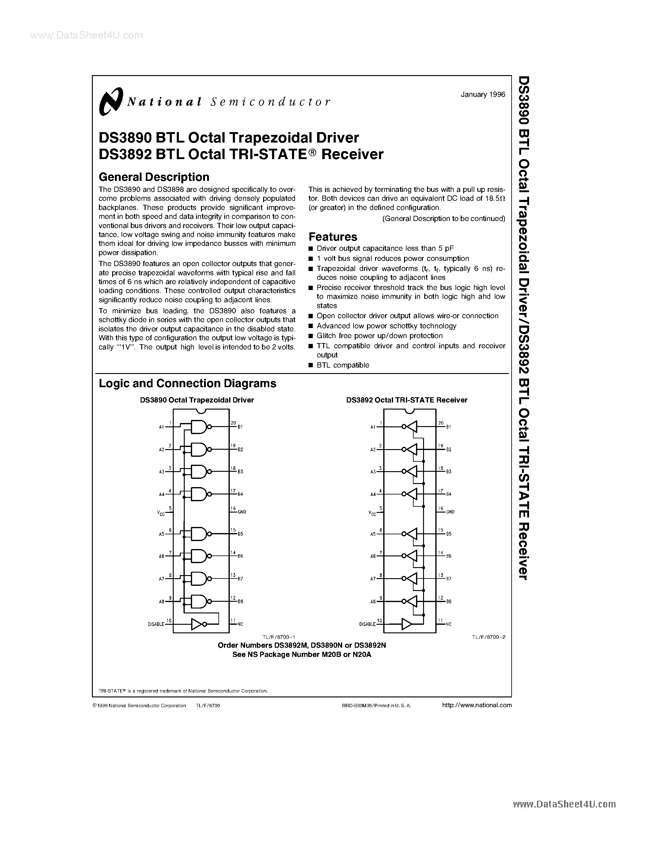 Даташит DS3890 - (DS3890 / DS3892) Octal Trapezoidal Driver / Octal TRI-STATE Receiver страница 1