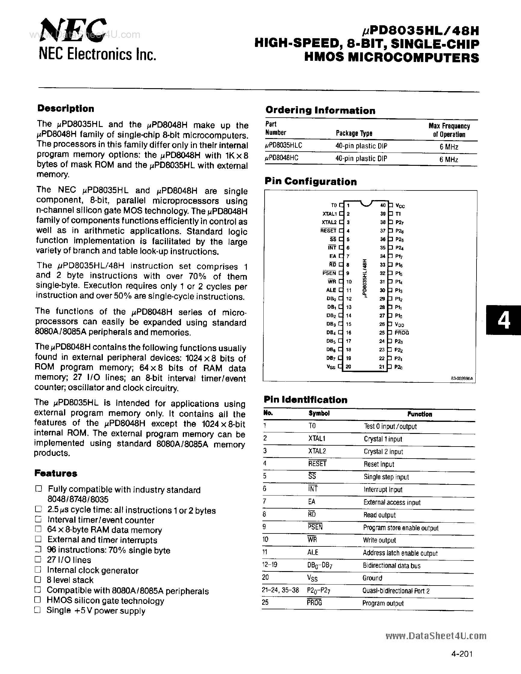 Datasheet D8035HLC - High Speed 8-bit Single-Chip HMOS Microcomputers page 1