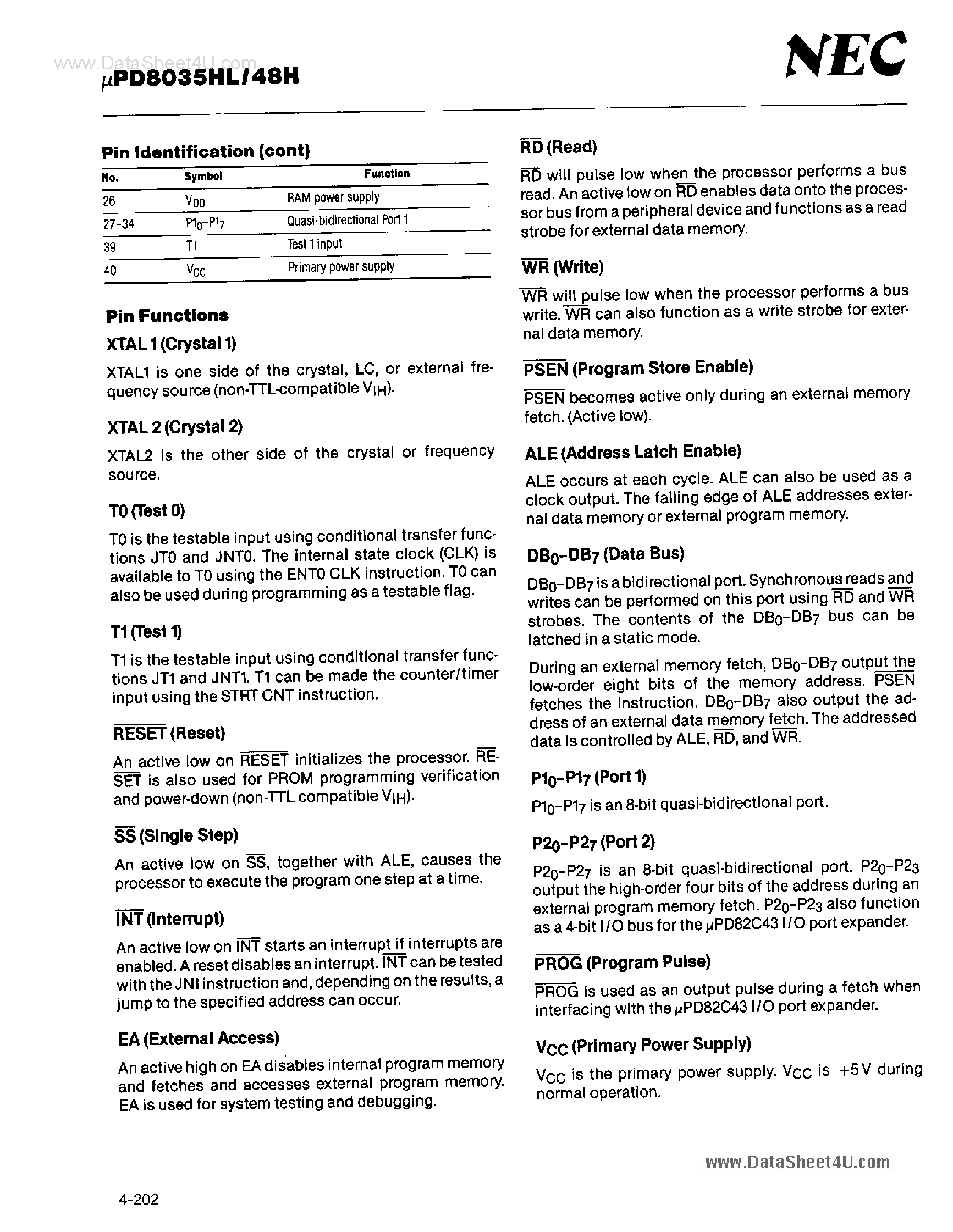 Datasheet D8035HLC - High Speed 8-bit Single-Chip HMOS Microcomputers page 2