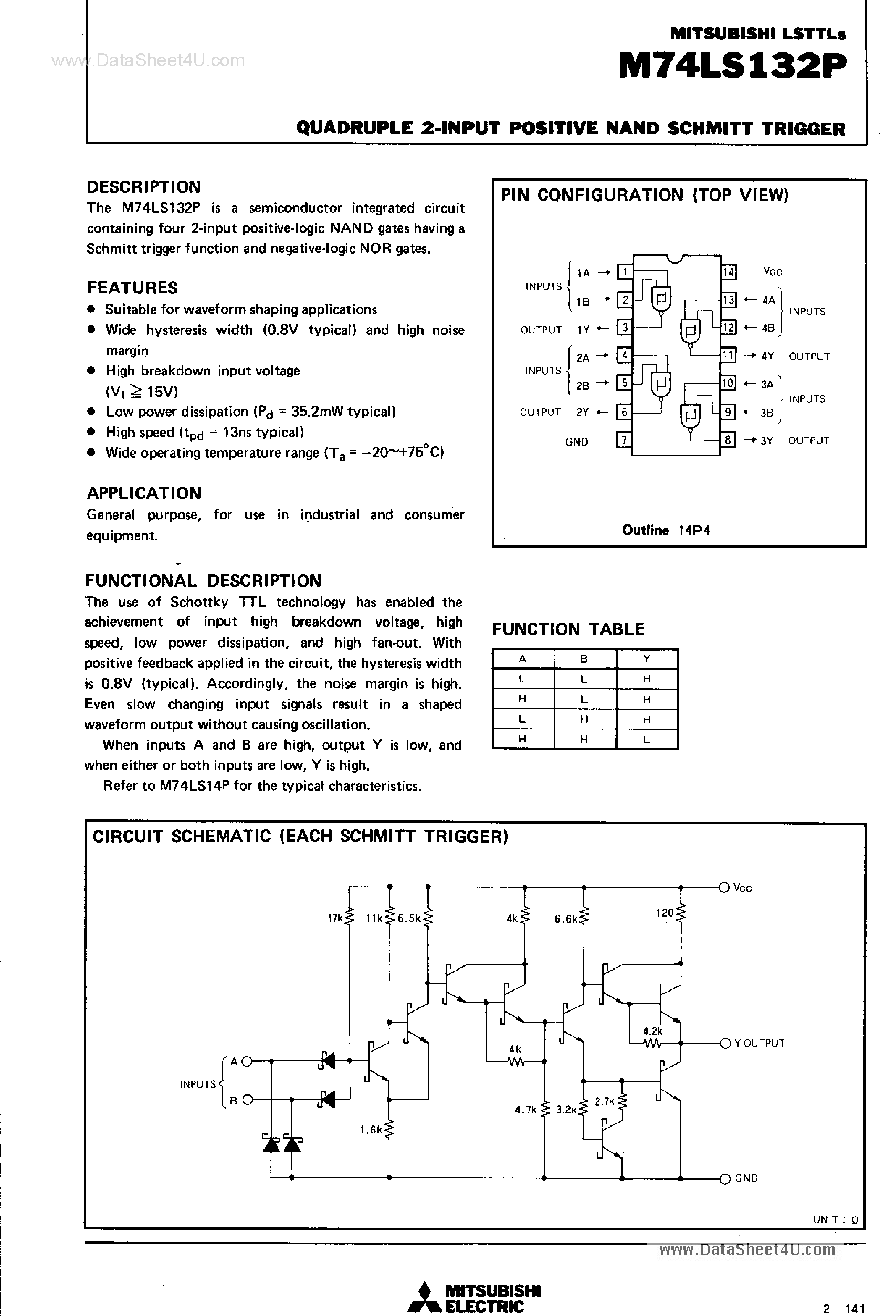 Даташит на микросхему M74LS132P страница 1 Даташит M74LS132P - Quadruple 2-Input Positive NAND Schmitt Trigger страница 1