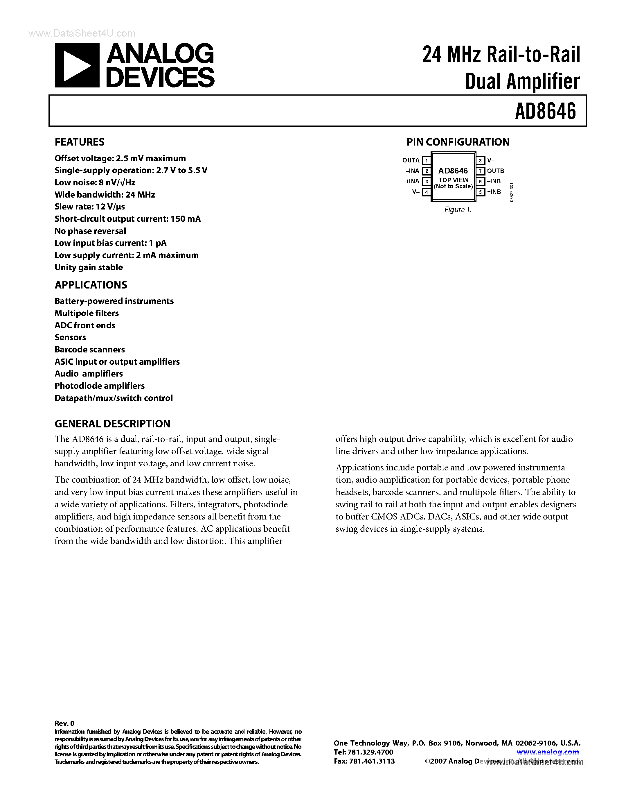 Datasheet AD8646 - 24MHz Rail-to-Rail Dual Amplifier page 1