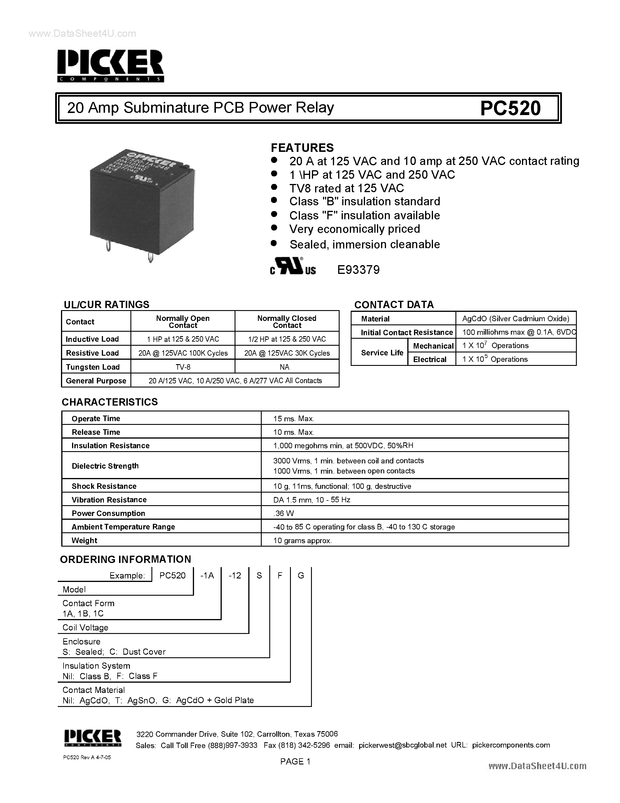 Datasheet PC520 - 20 Amp Subminature PCB Power Relay page 1