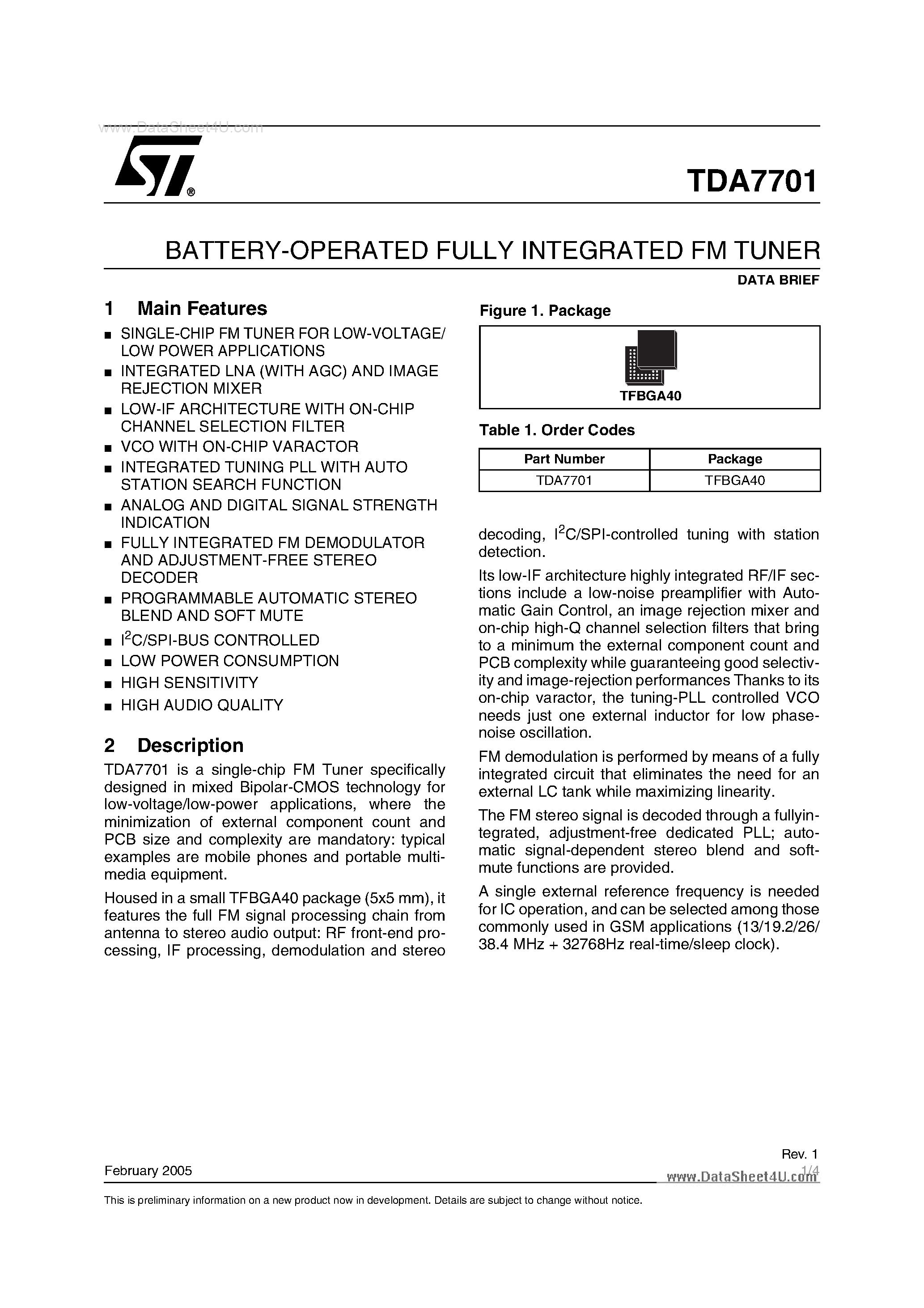 Datasheet TDA7701 - BATTERY OPERATED FULLY INTEGRATED FM TUNER page 1