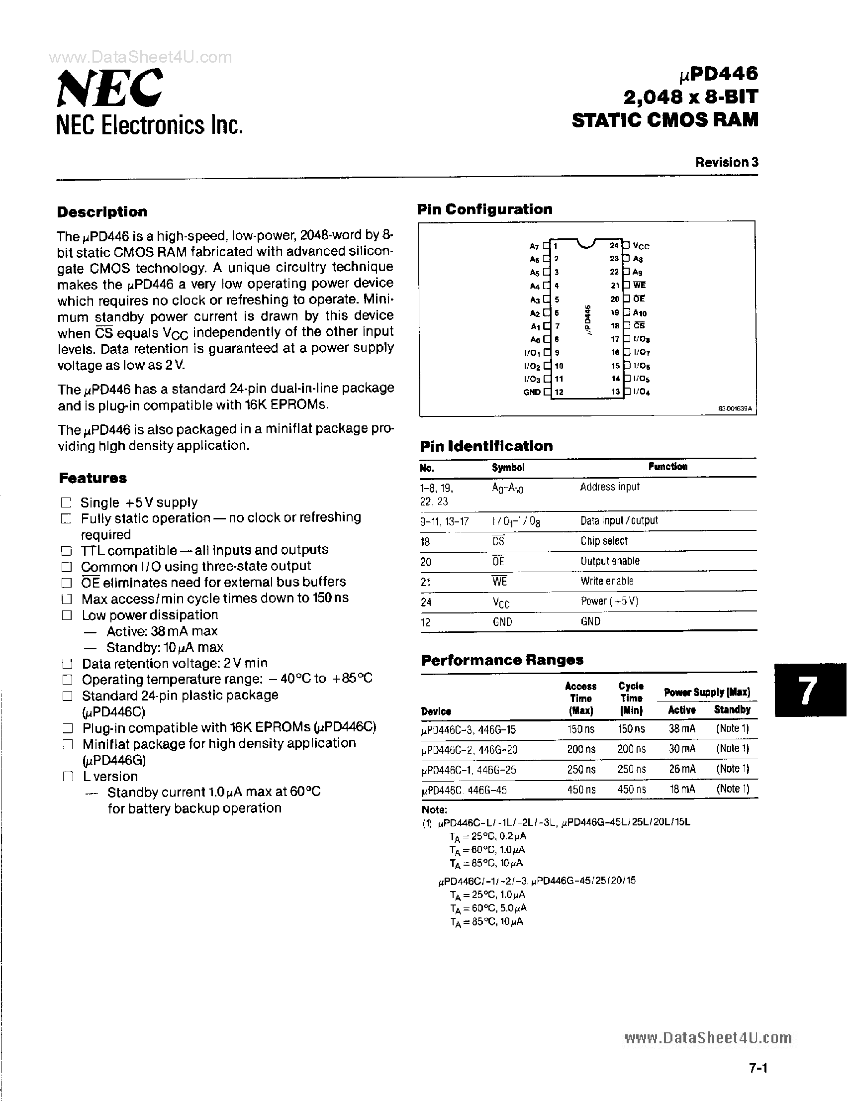 Datasheet UPD446 page 1 Datasheet UPD446 - Static CMOS RAM page 1