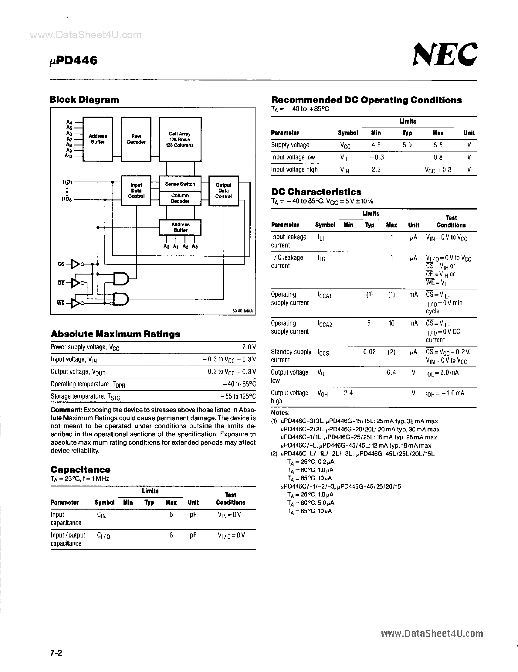 Datasheet UPD446 page 2 Datasheet UPD446 - Static CMOS RAM page 2