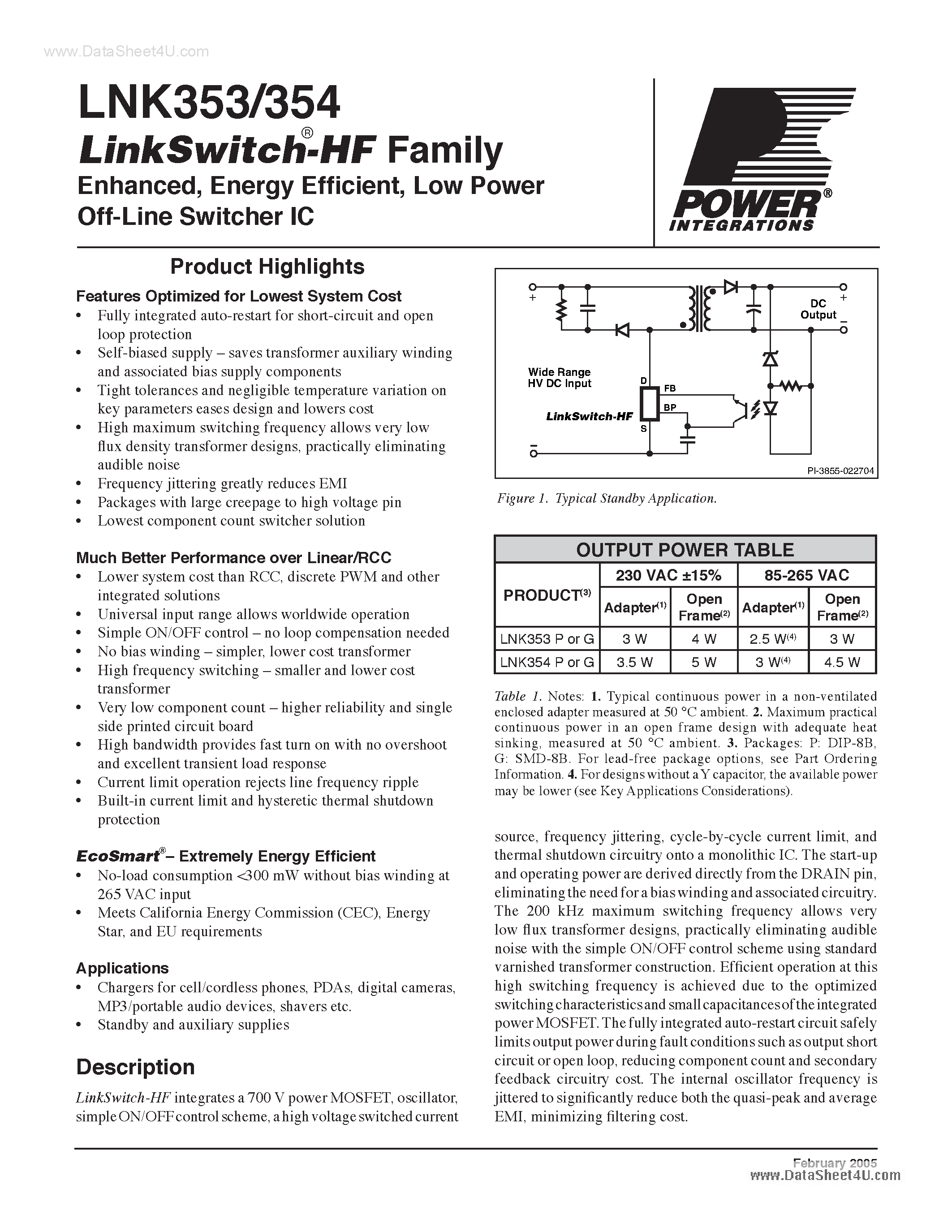 Даташит на микросхему LNK353 страница 1 Даташит LNK353 - (LNK353 / LNK354) Low Power Off-Line Switcher IC страница 1