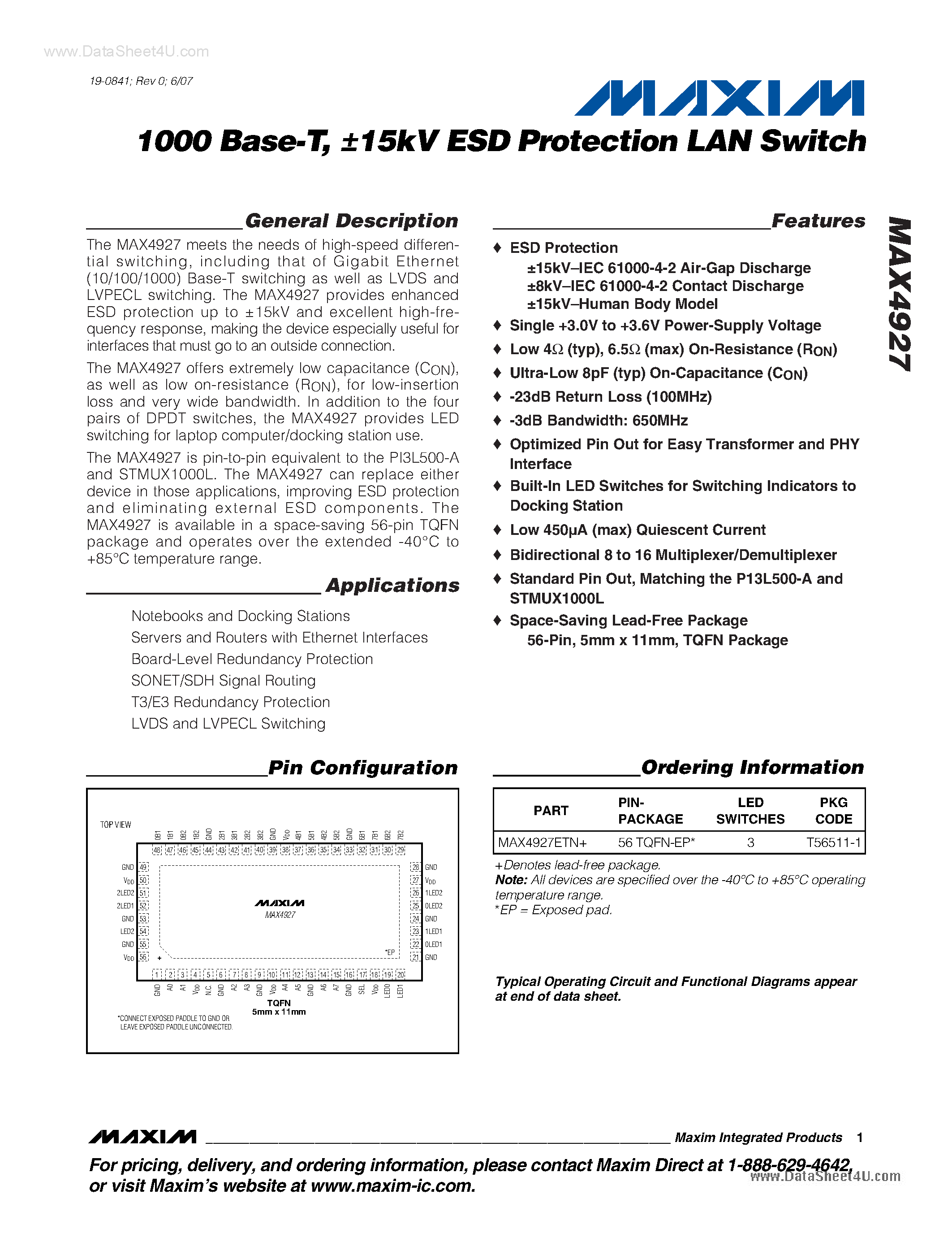Datasheet MAX4927 page 1 Datasheet MAX4927 - ESD Protection LAN Switch page 1
