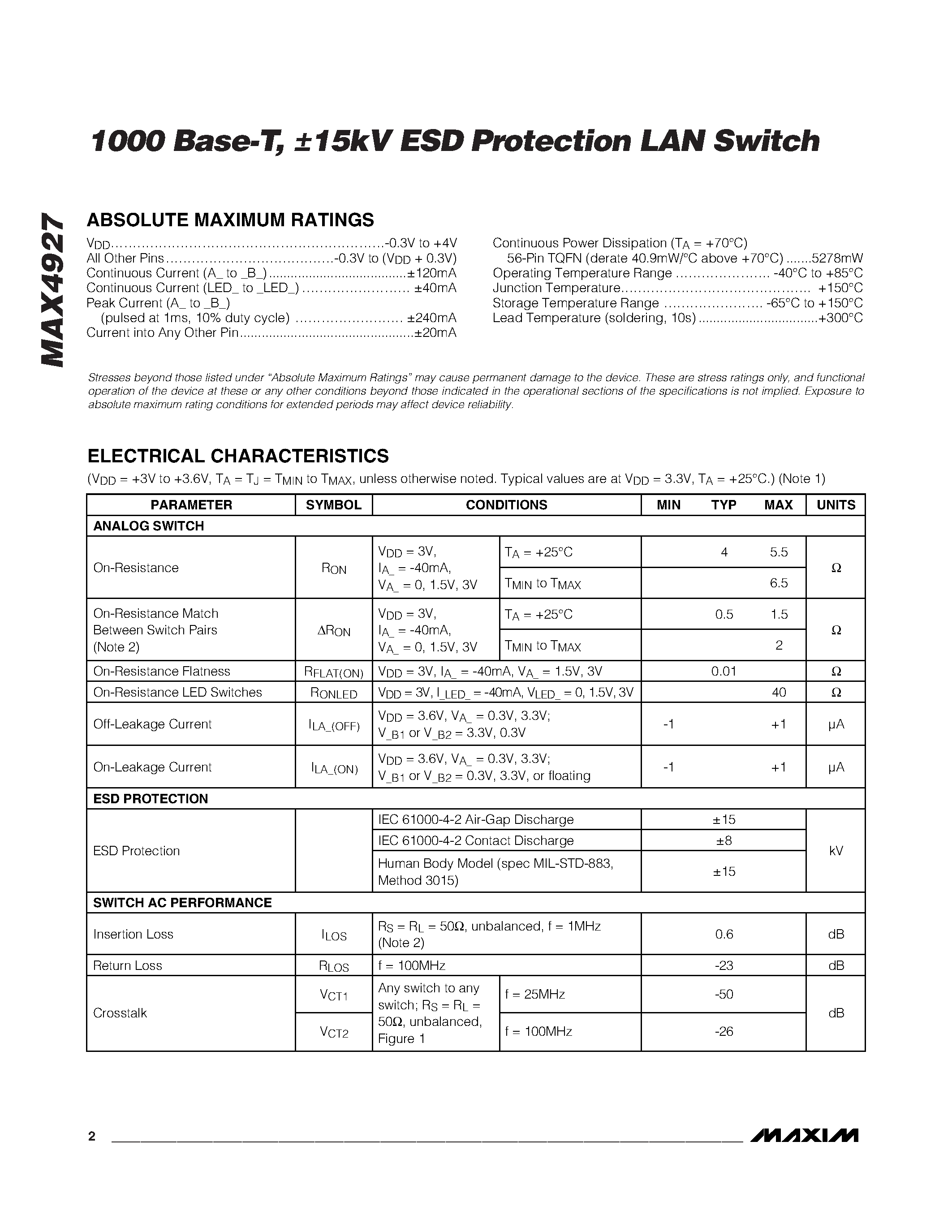 Datasheet MAX4927 page 2 Datasheet MAX4927 - ESD Protection LAN Switch page 2
