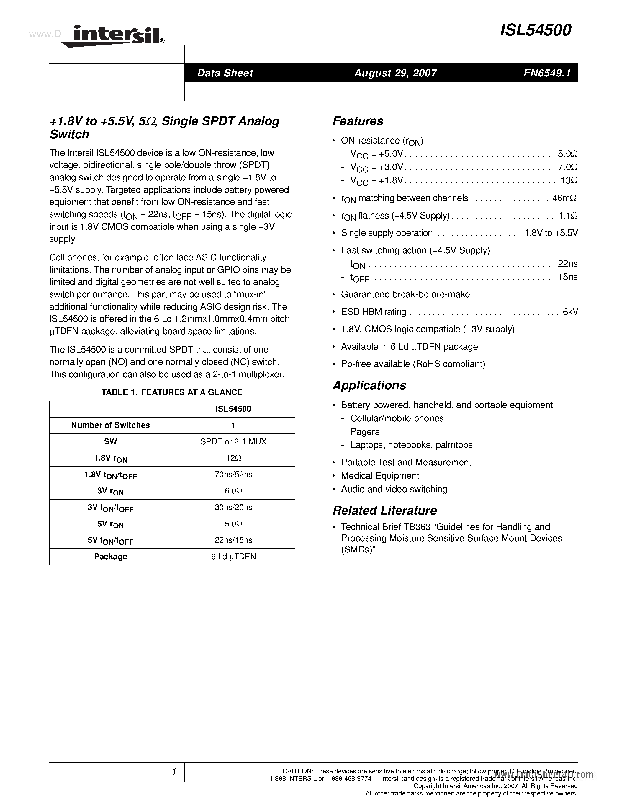 Datasheet ISL54500 - Single SPDT Analog Switch page 1