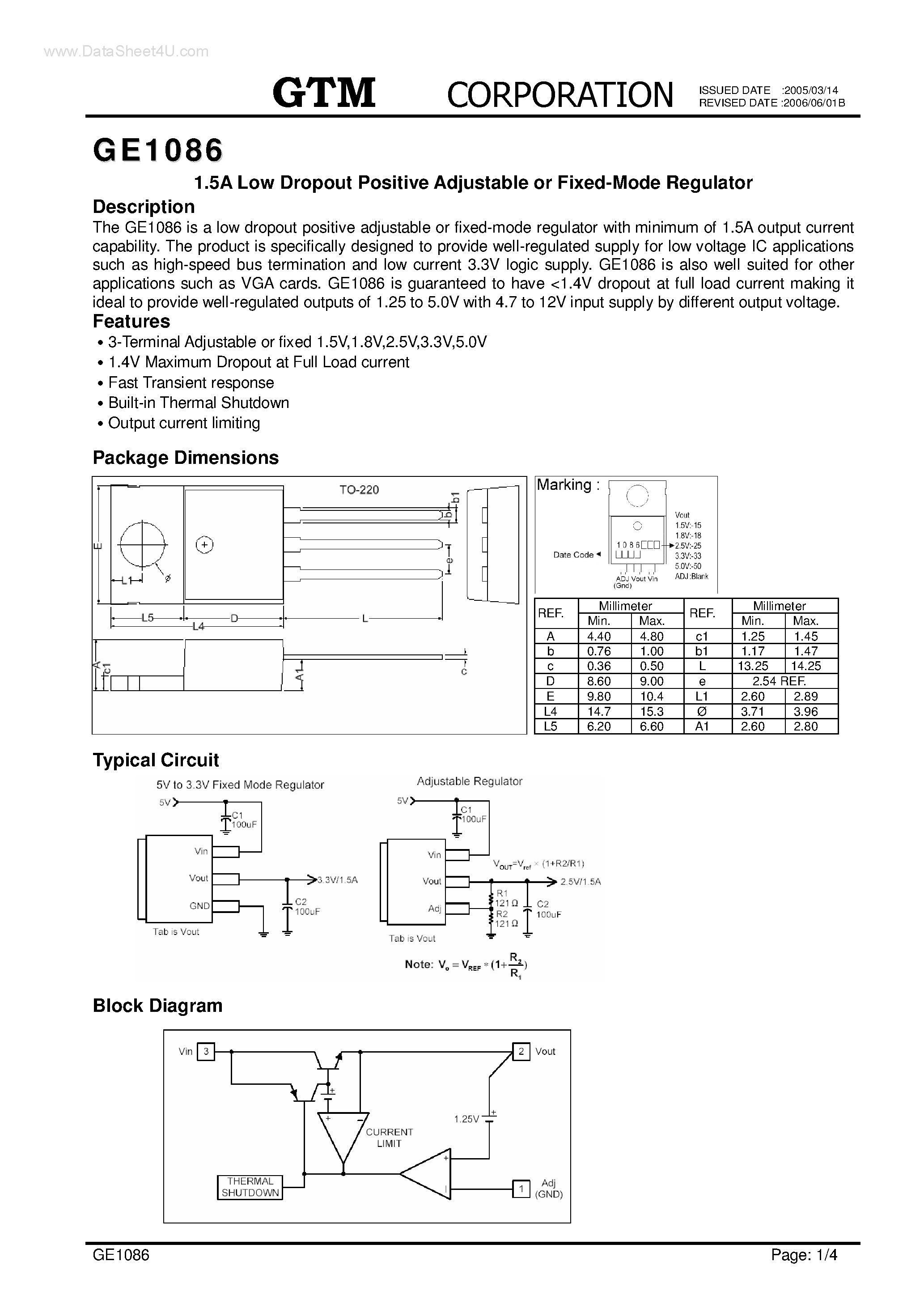 Даташит GE1086 - 1.5A Low Dropout Positive Adjustable страница 1