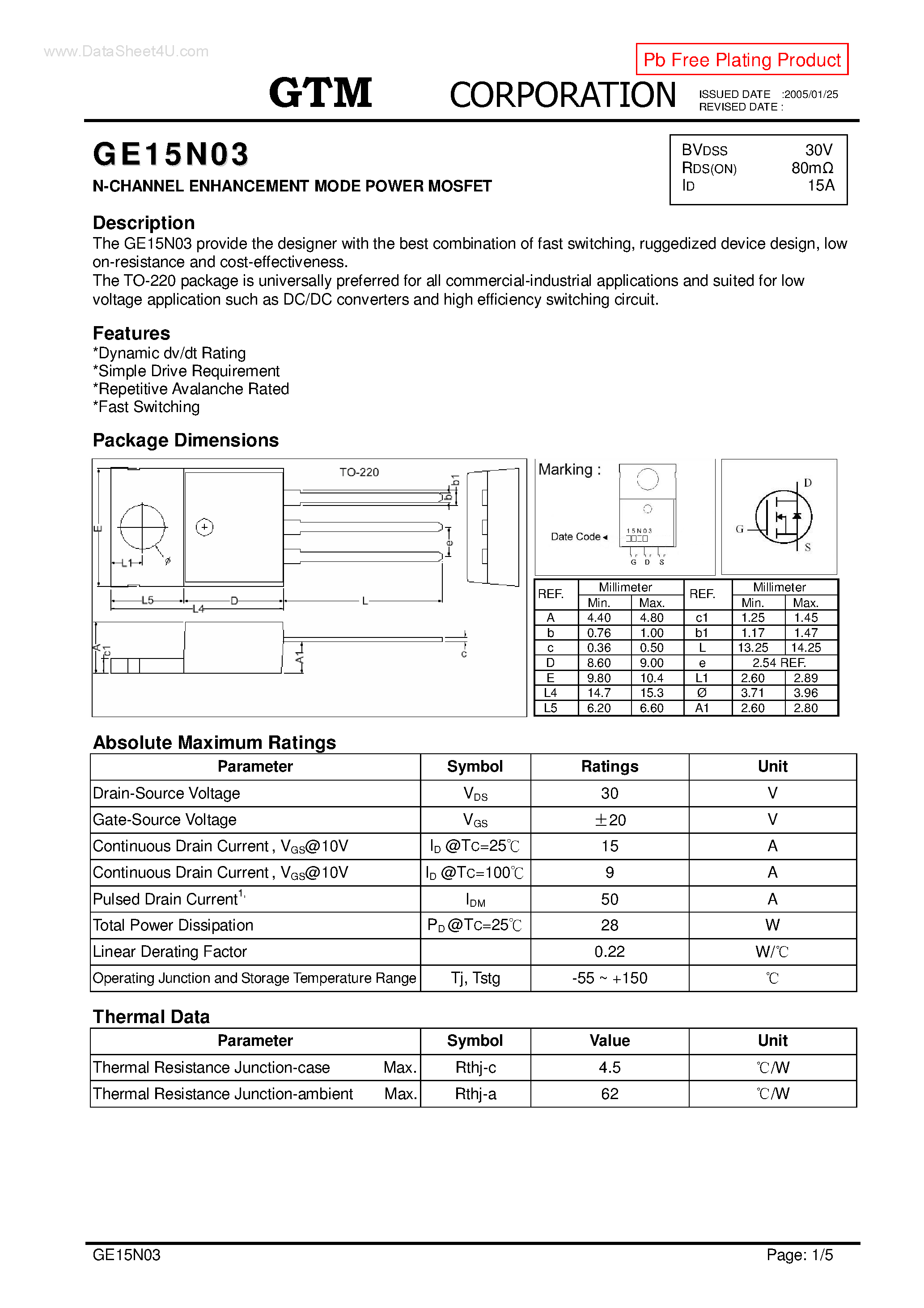 Datasheet GE15N03 page 1 Datasheet GE15N03 - N-CHANNEL ENHANCEMENT MODE POWER MOSFET page 1