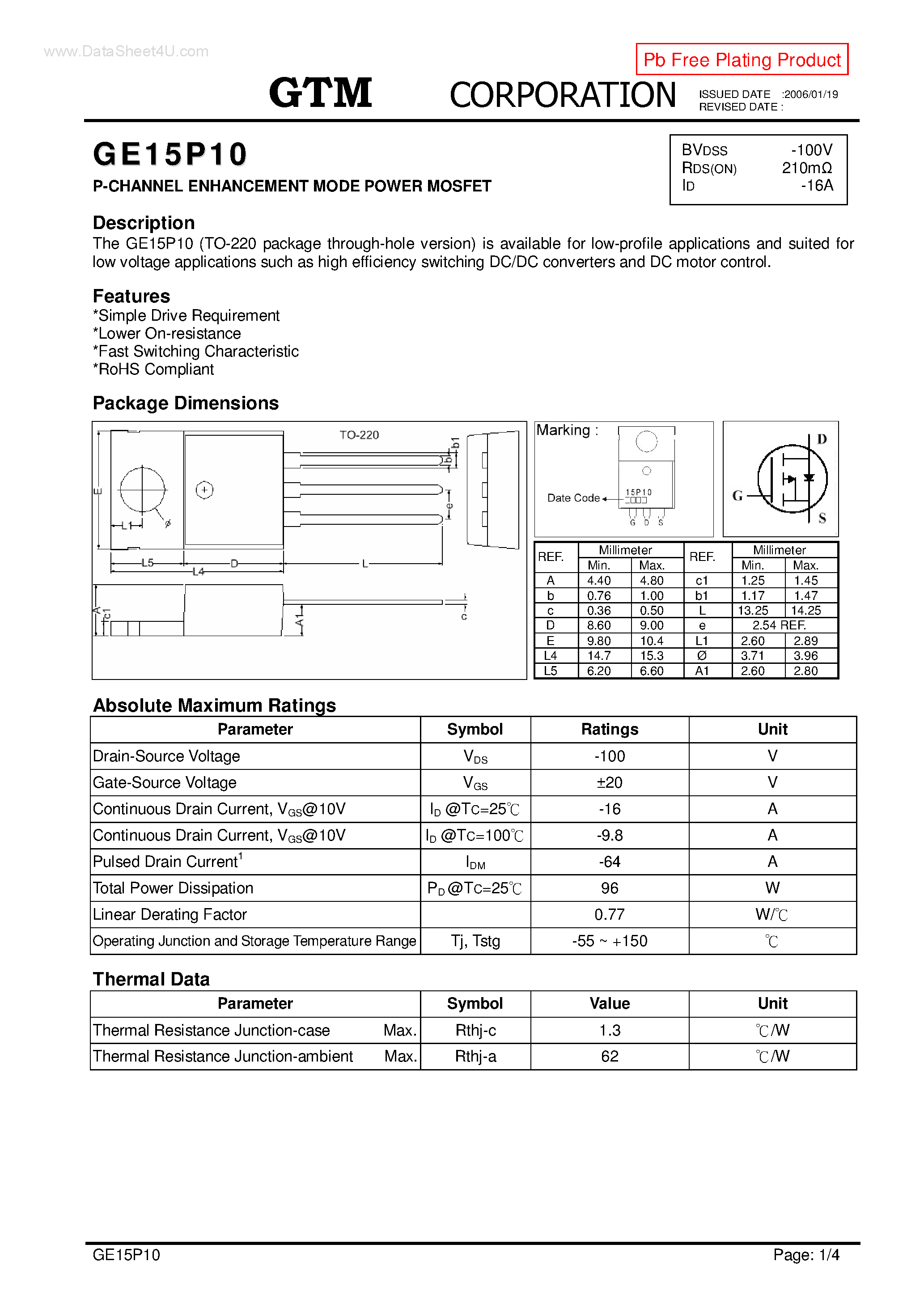 Datasheet GE15P10 - P-CHANNEL ENHANCEMENT MODE POWER MOSFET page 1