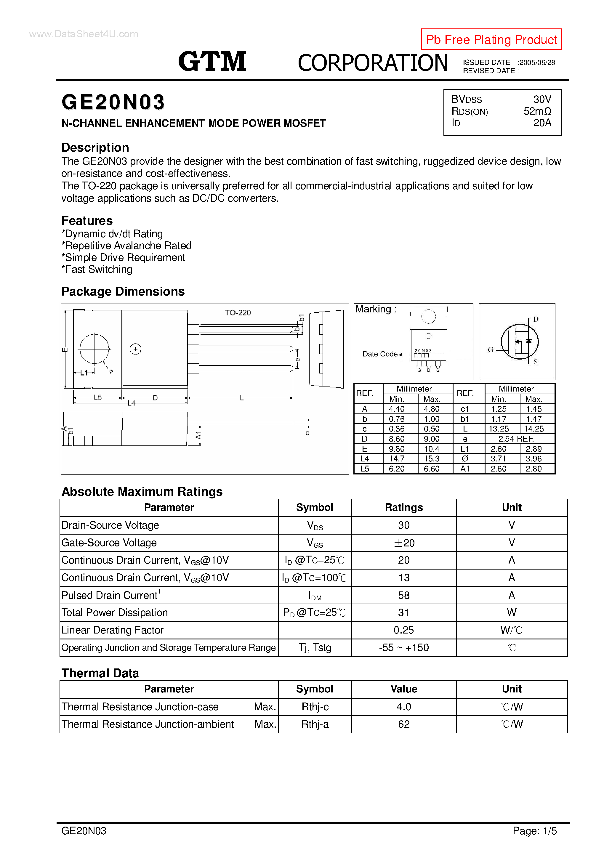 Datasheet GE20N03 page 1 Datasheet GE20N03 - N-CHANNEL ENHANCEMENT MODE POWER MOSFET page 1