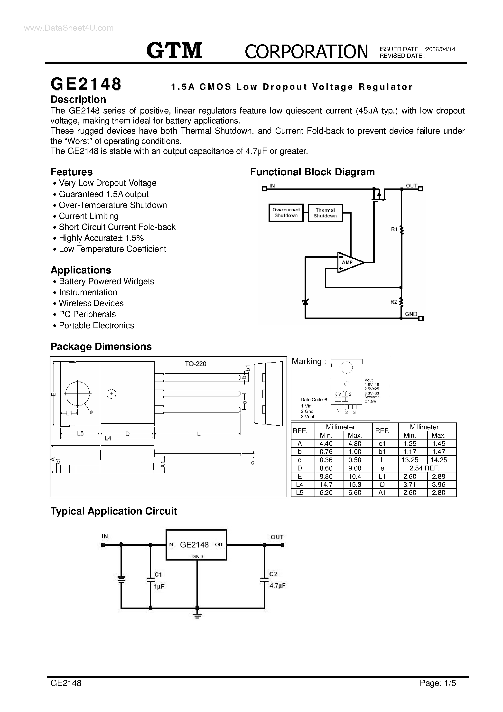 Даташит на микросхему GE2148 страница 1 Даташит GE2148 - 1.5A LOW DROPOUT VOLTAGE REGULATOR страница 1