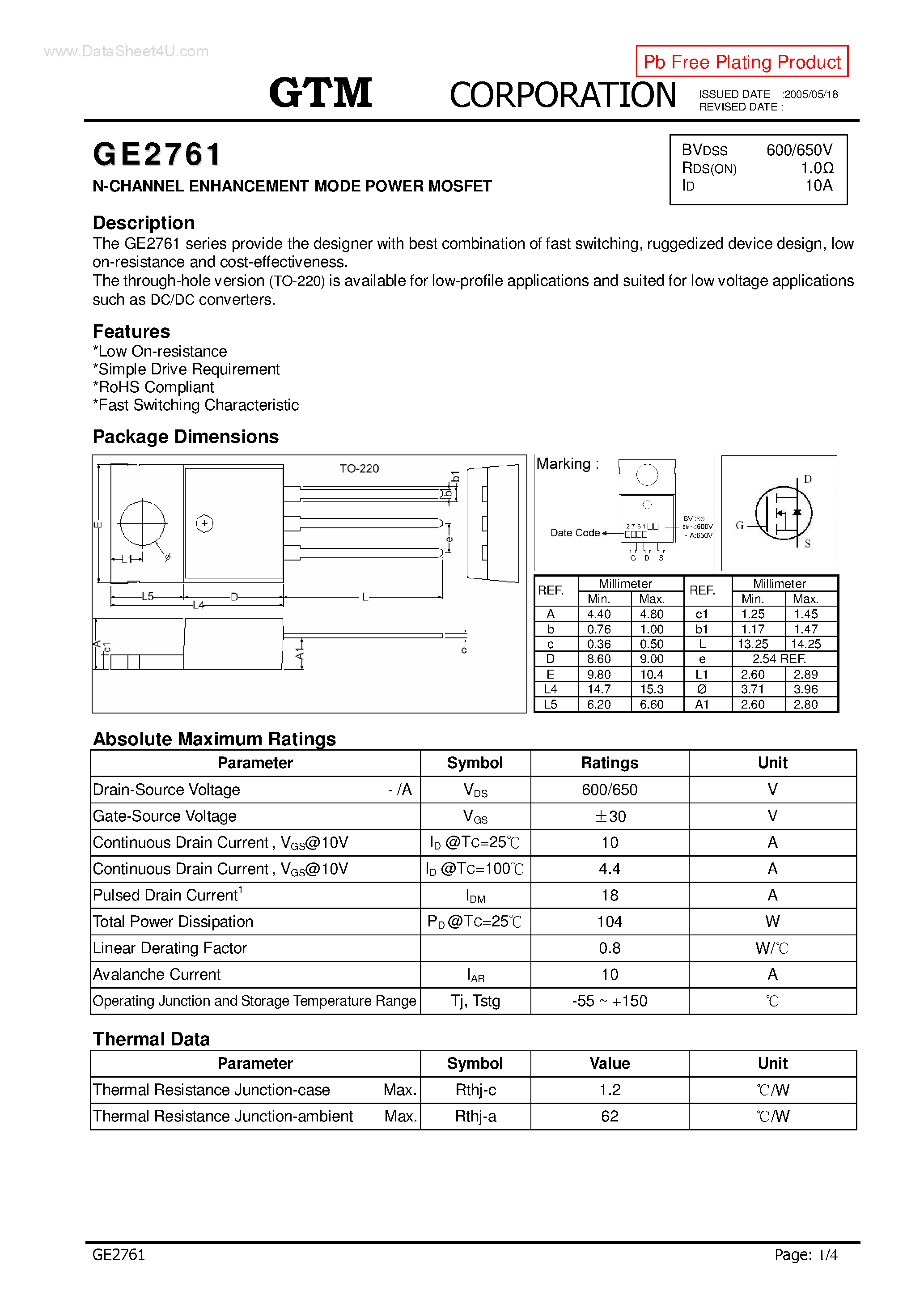 Datasheet GE2761 page 1 Datasheet GE2761 - N-CHANNEL ENHANCEMENT MODE POWER MOSFET page 1