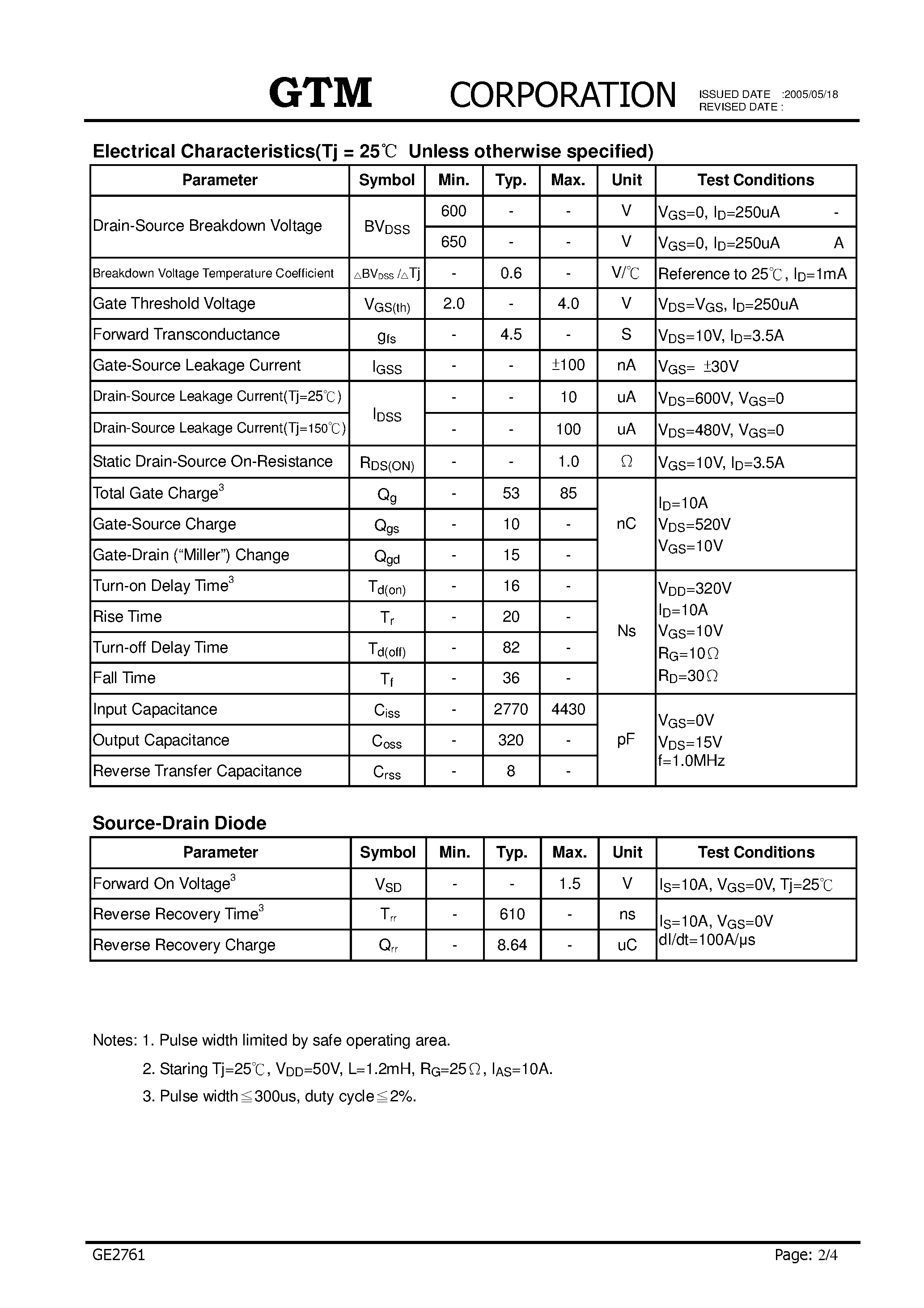 Datasheet GE2761 page 2 Datasheet GE2761 - N-CHANNEL ENHANCEMENT MODE POWER MOSFET page 2