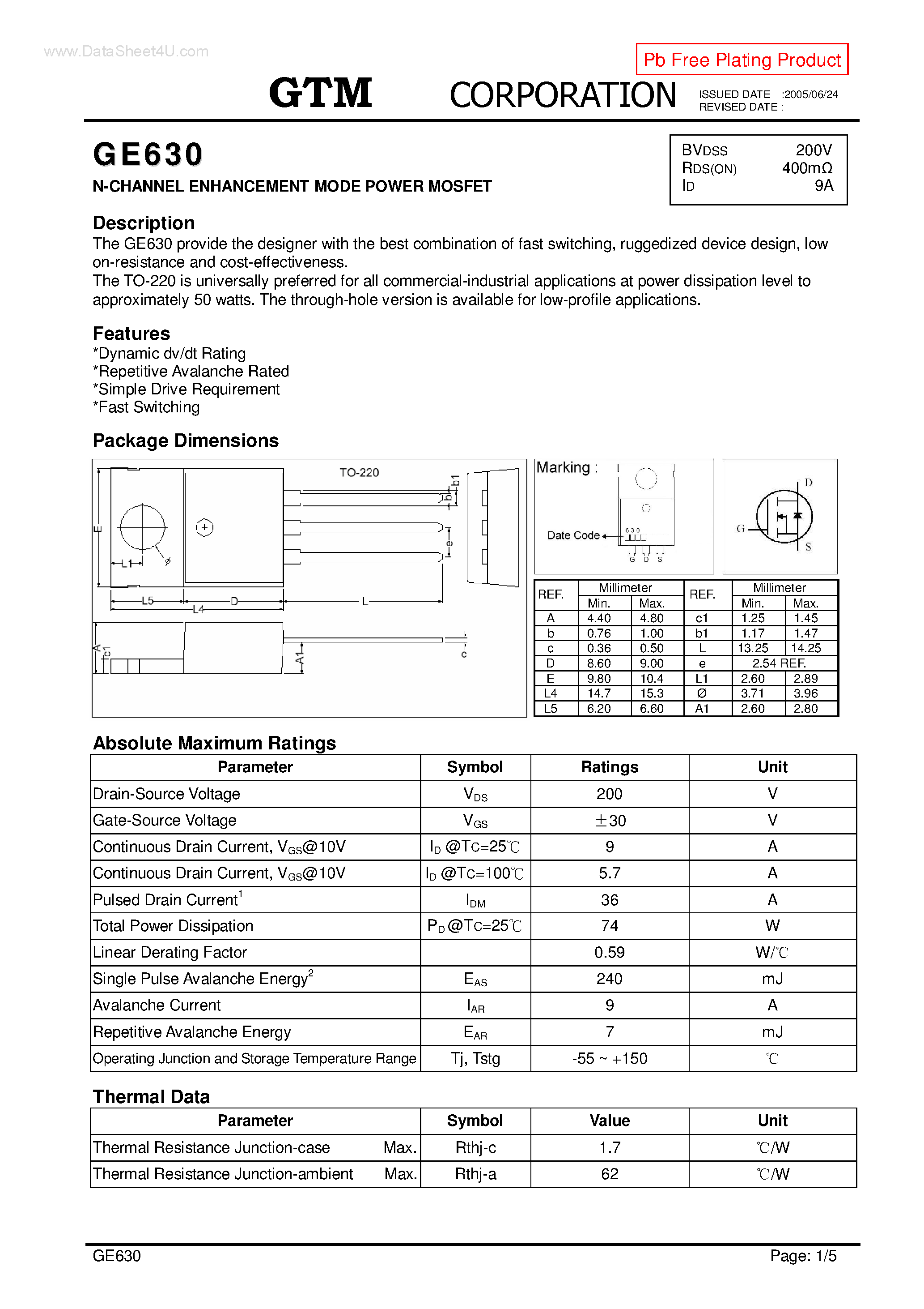 Datasheet GE630 page 1 Datasheet GE630 - N-CHANNEL ENHANCEMENT MODE POWER MOSFET page 1