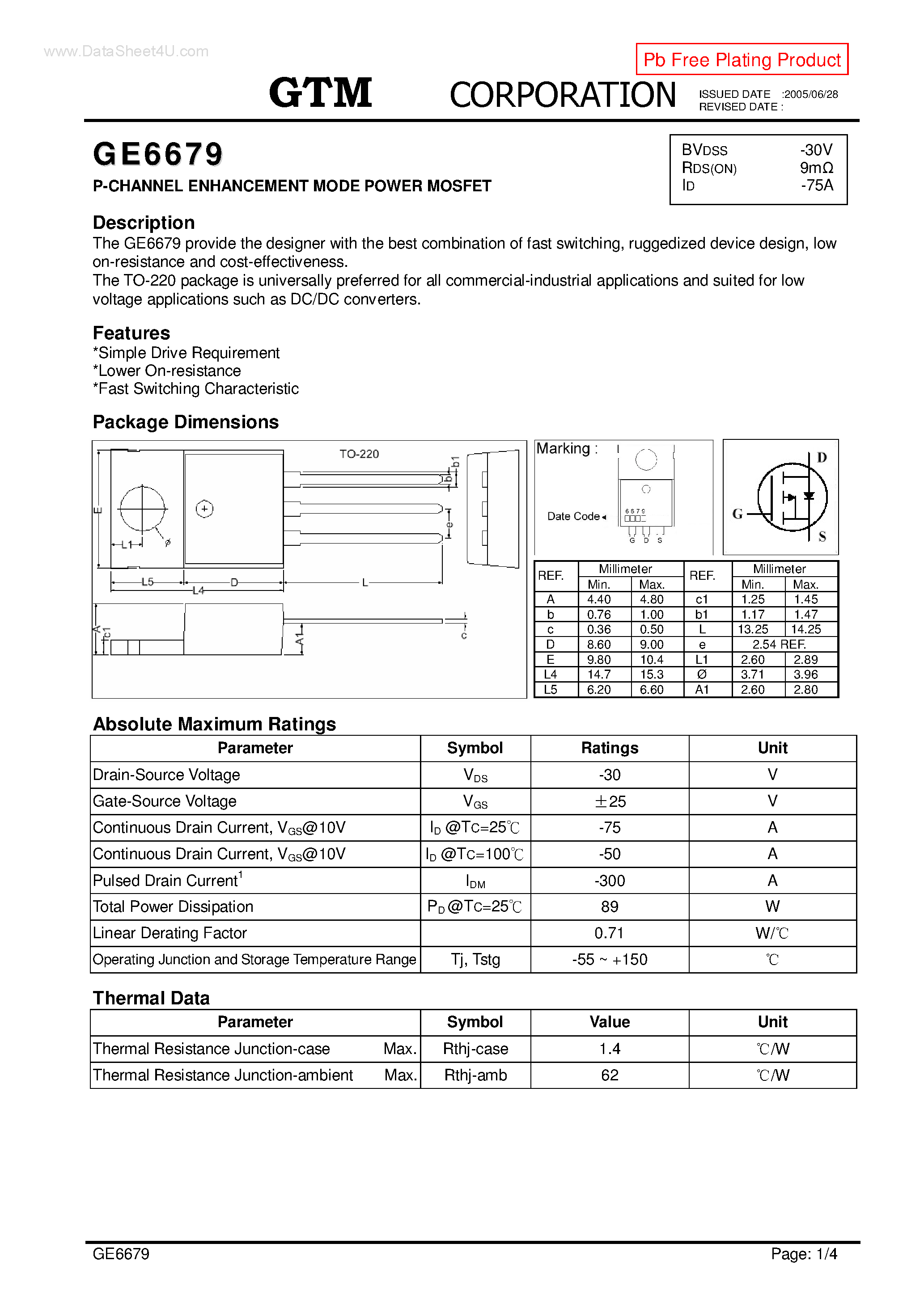 Datasheet GE6679 - P-CHANNEL ENHANCEMENT MODE POWER MOSFET page 1
