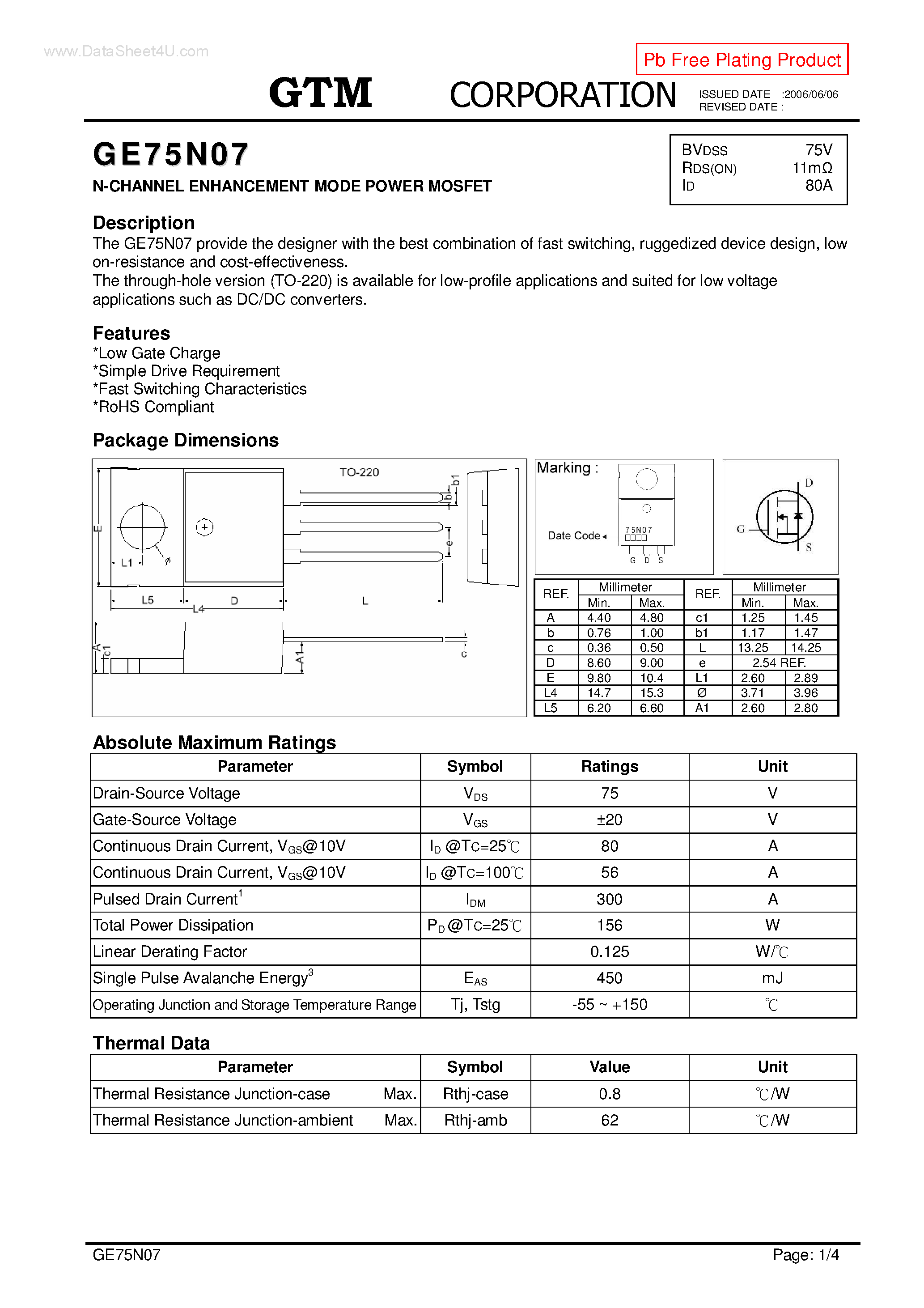 Datasheet GE75N07 page 1 Datasheet GE75N07 - N-CHANNEL ENHANCEMENT MODE POWER MOSFET page 1