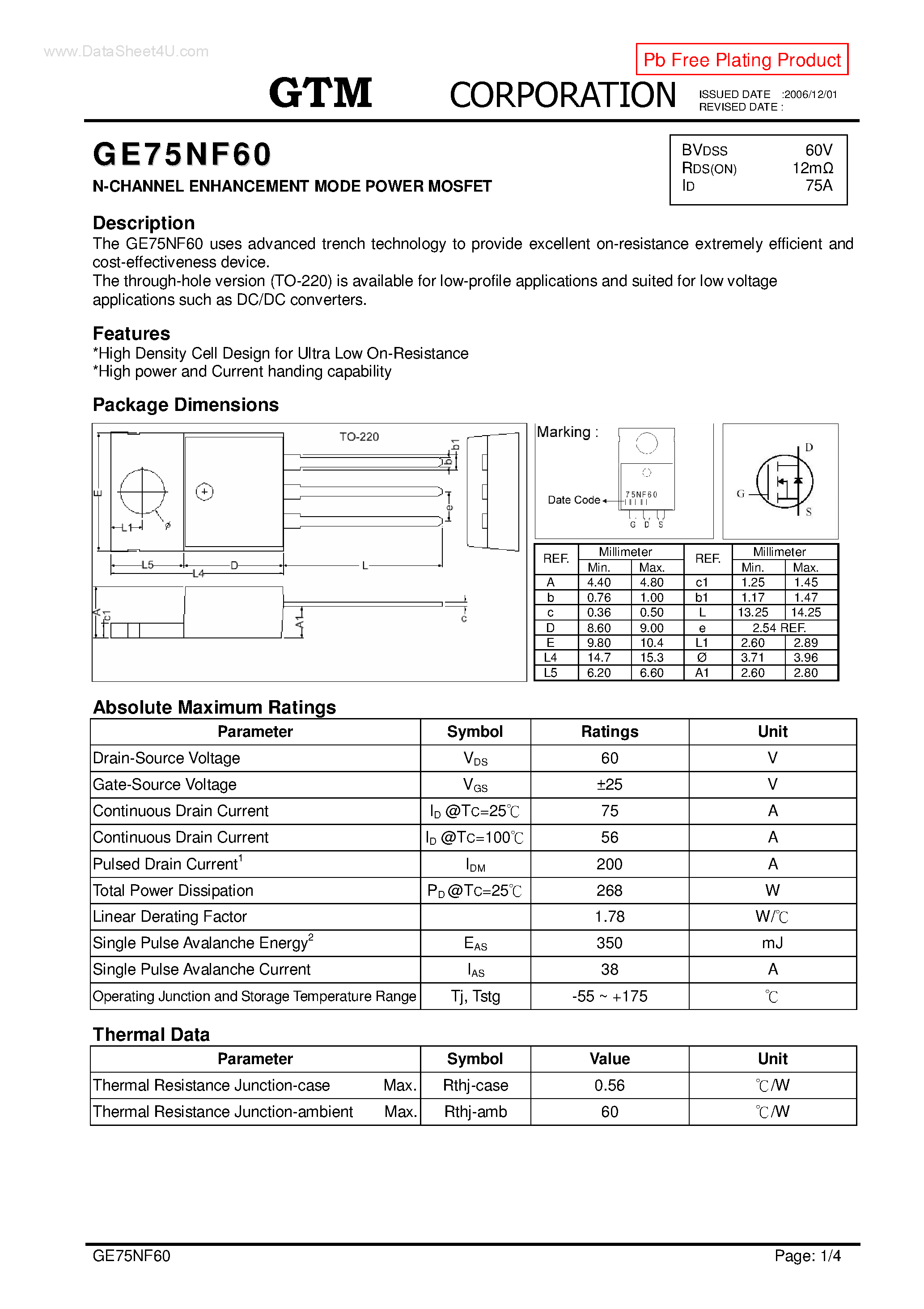 Datasheet GE75NF60 - N-CHANNEL ENHANCEMENT MODE POWER MOSFET page 1