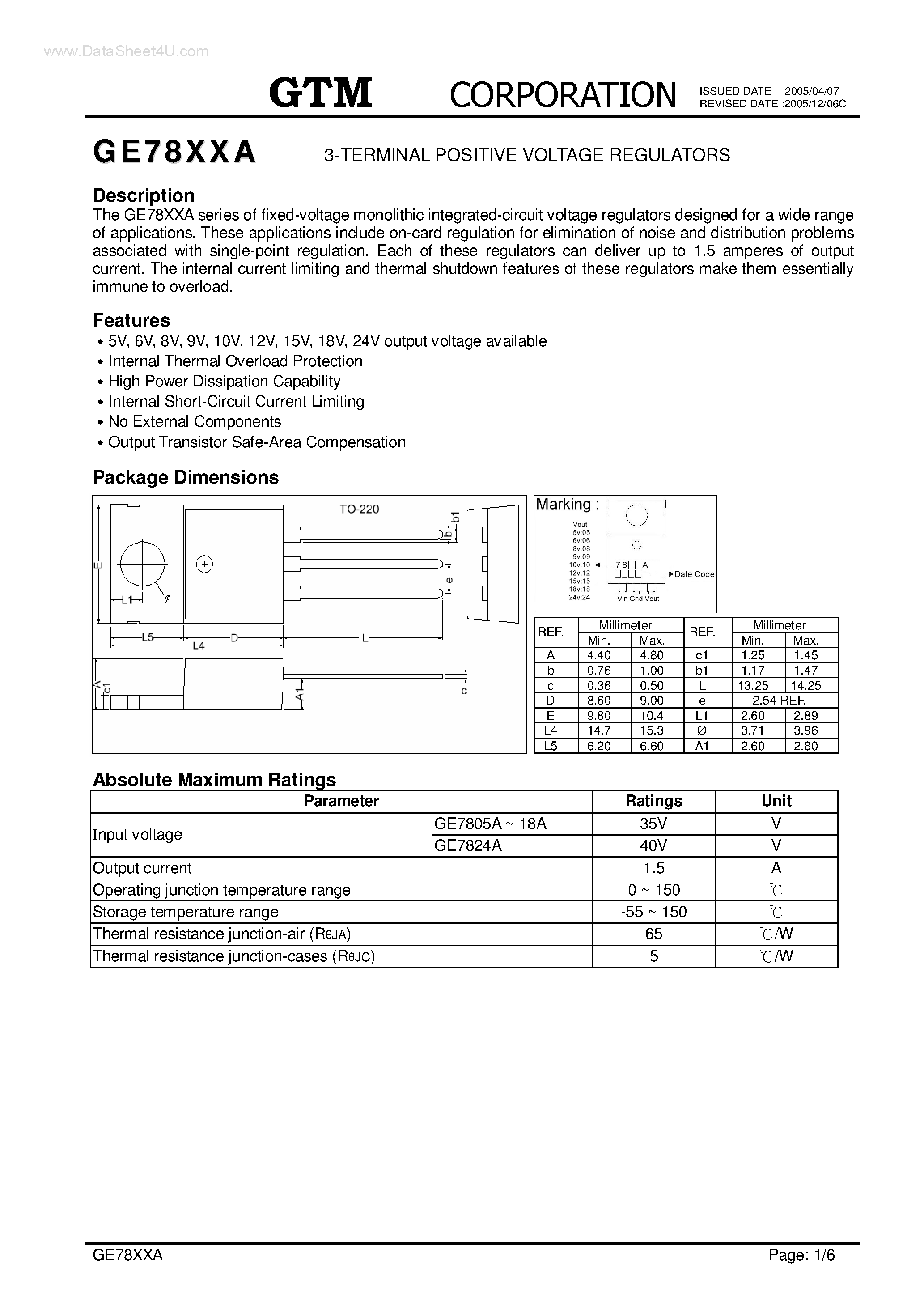 Даташит GE7805A - (GE78xxA) 3-TERMINAL POSITIVE VOLTAGE REGULATORS страница 1