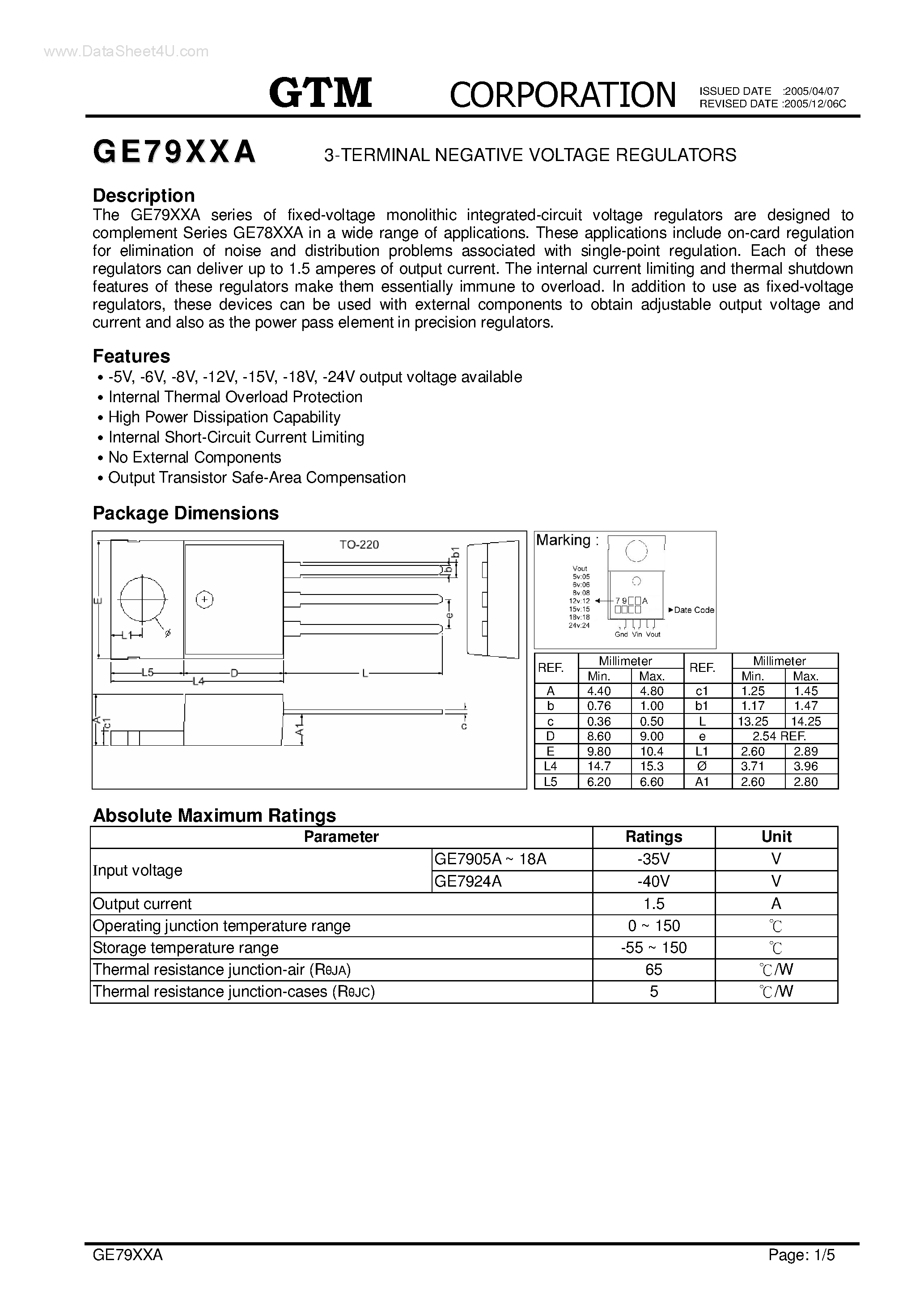 Даташит GE7905A - (GE79xxA) 3-TERMINAL NEGATIVE VOLTAGE REGULATORS страница 1