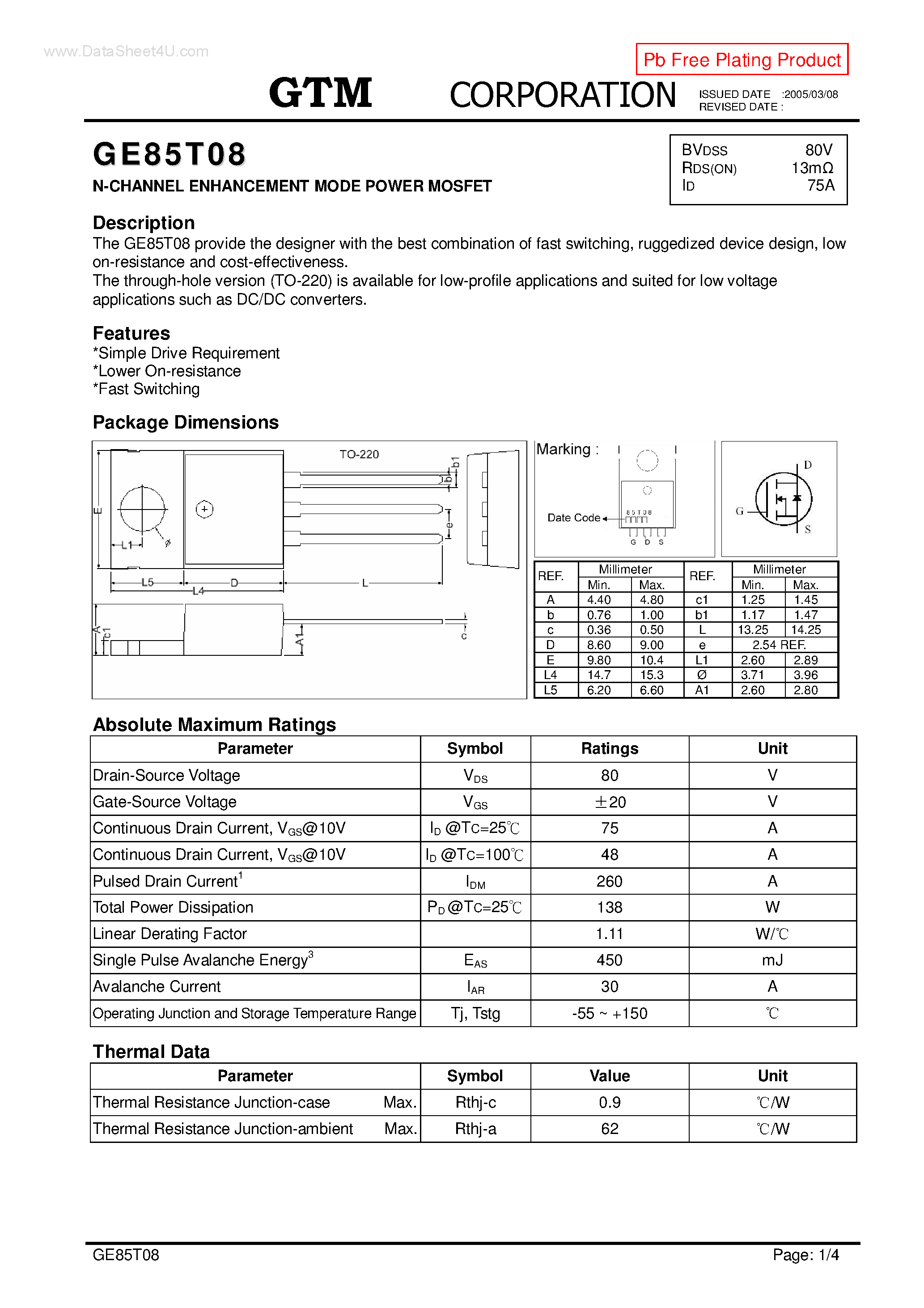 Datasheet GE85T08 page 1 Datasheet GE85T08 - N-CHANNEL ENHANCEMENT MODE POWER MOSFET page 1