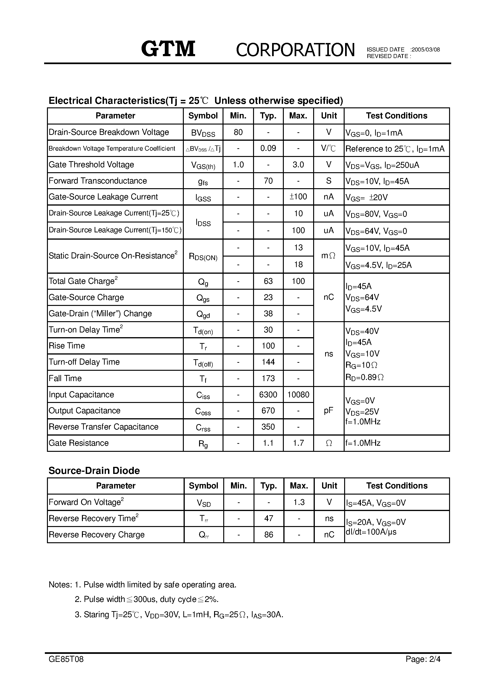 Datasheet GE85T08 page 2 Datasheet GE85T08 - N-CHANNEL ENHANCEMENT MODE POWER MOSFET page 2