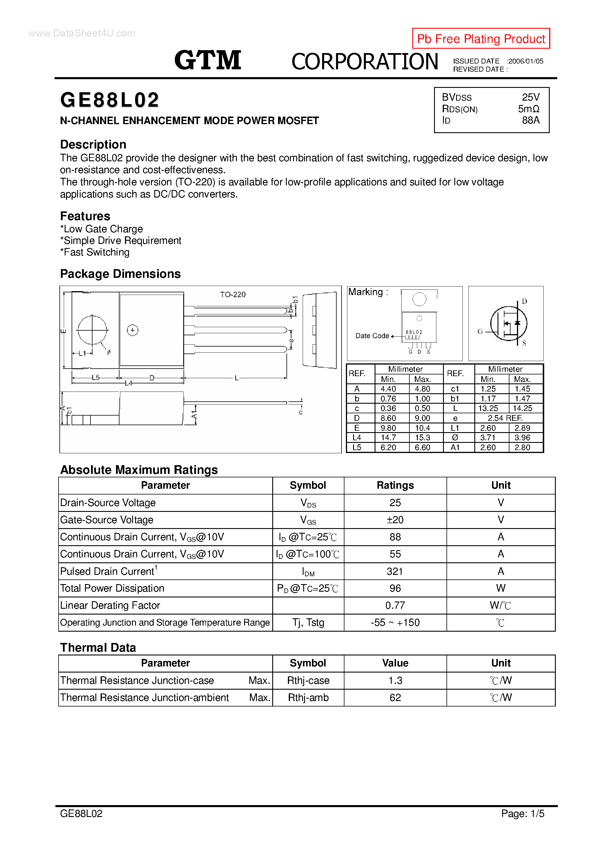 Datasheet GE88L02 page 1 Datasheet GE88L02 - N-CHANNEL ENHANCEMENT MODE POWER MOSFET page 1